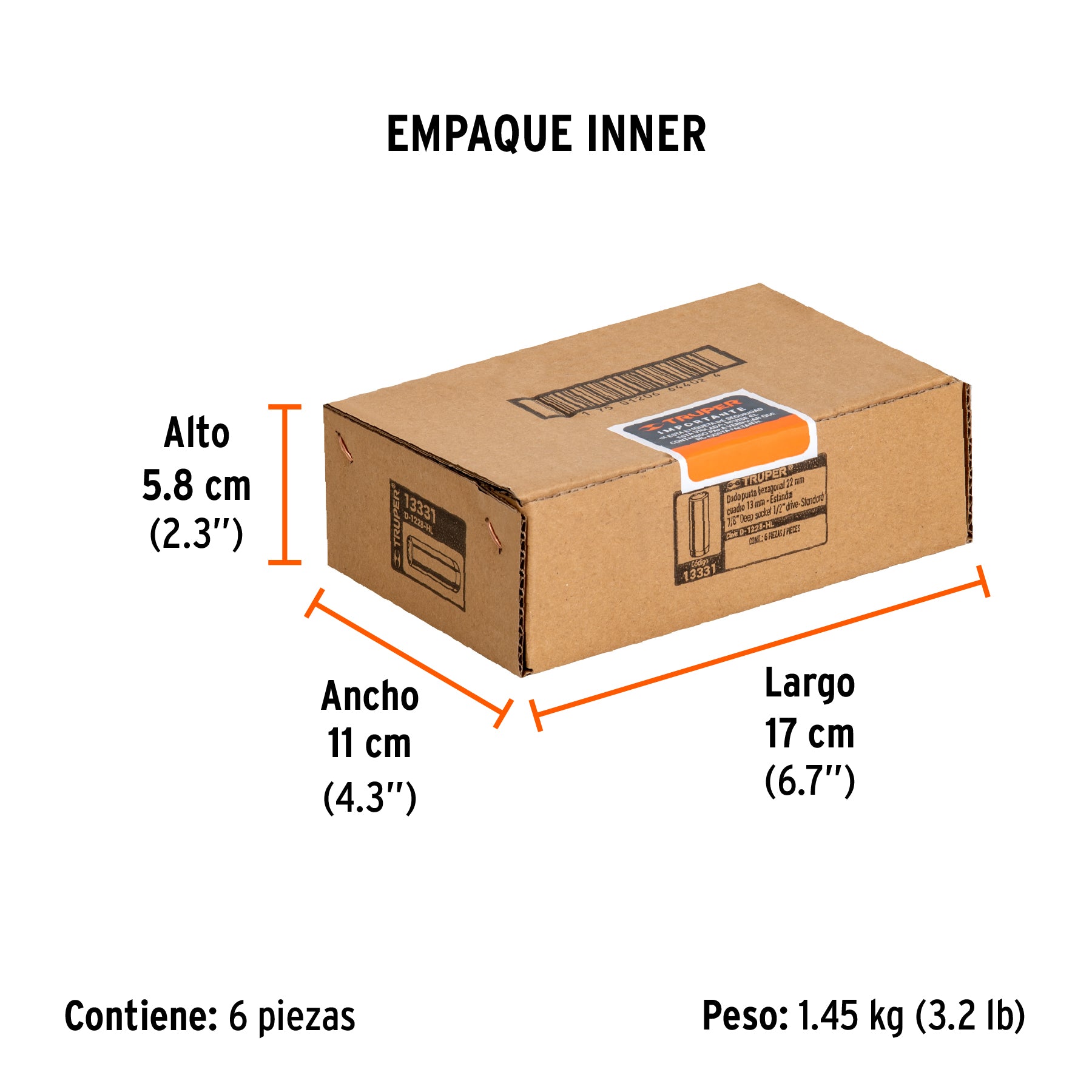 Dado de 6 puntas, largo, cuadro 1/2" de 7/8"