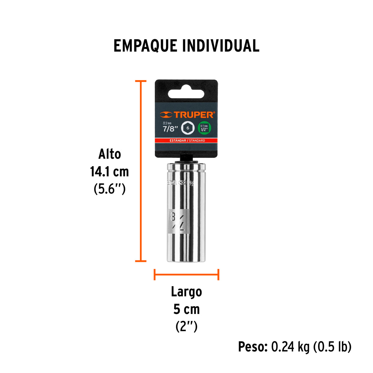 Dado de 6 puntas, largo, cuadro 1/2" de 7/8"