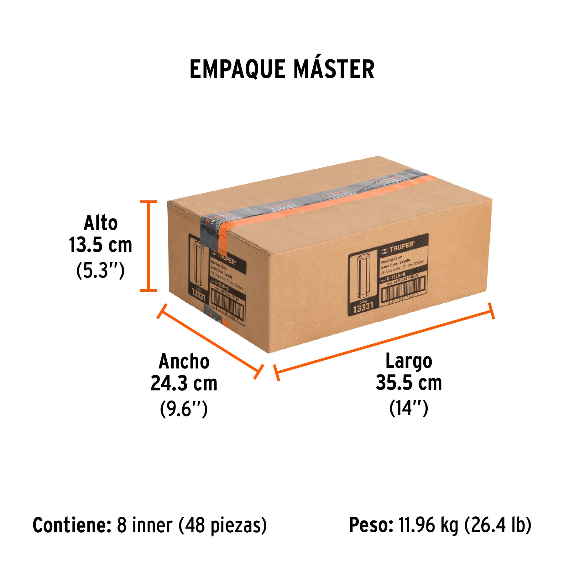 Dado de 6 puntas, largo, cuadro 1/2" de 7/8"