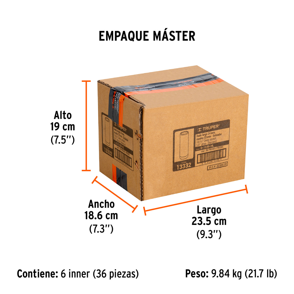 Dado de 6 puntas, largo, cuadro 1/2" de 15/16"