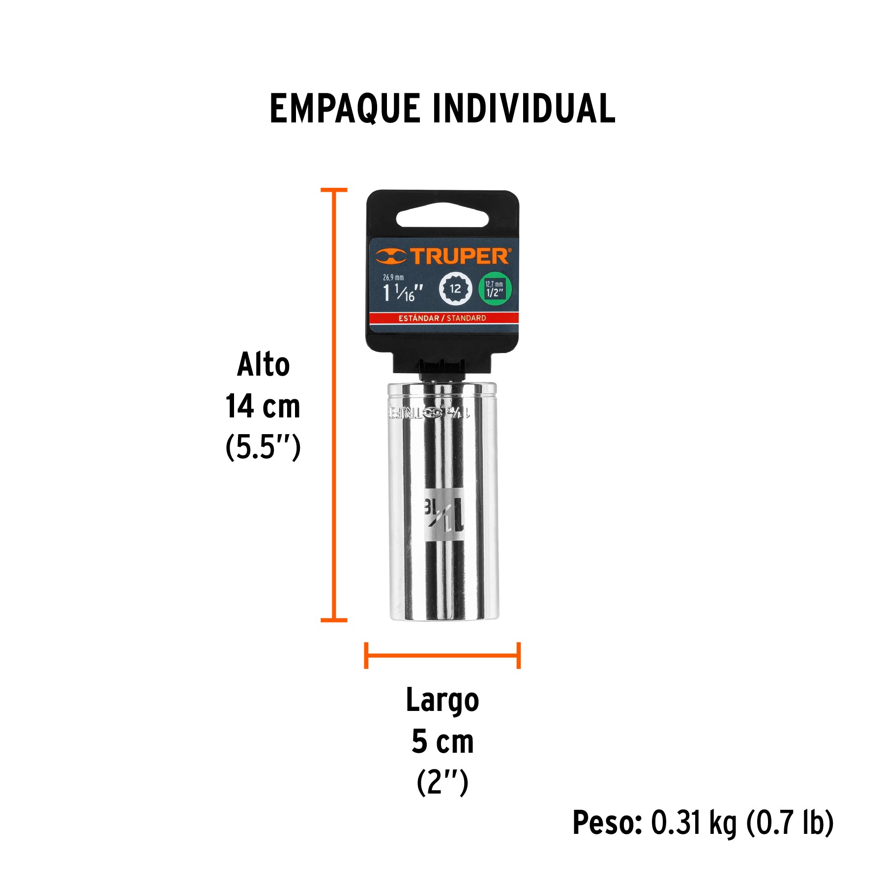Dado de 12 puntas, largo, cuadro 1/2" de 1-1/16"