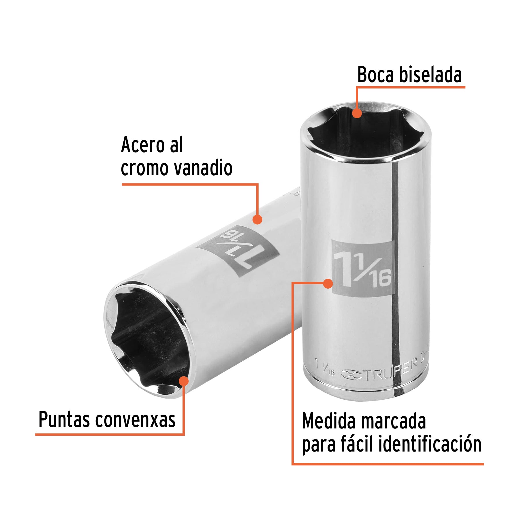 Dado largo de 1-1/16', 6 puntas, cuadro 1/2', Truper