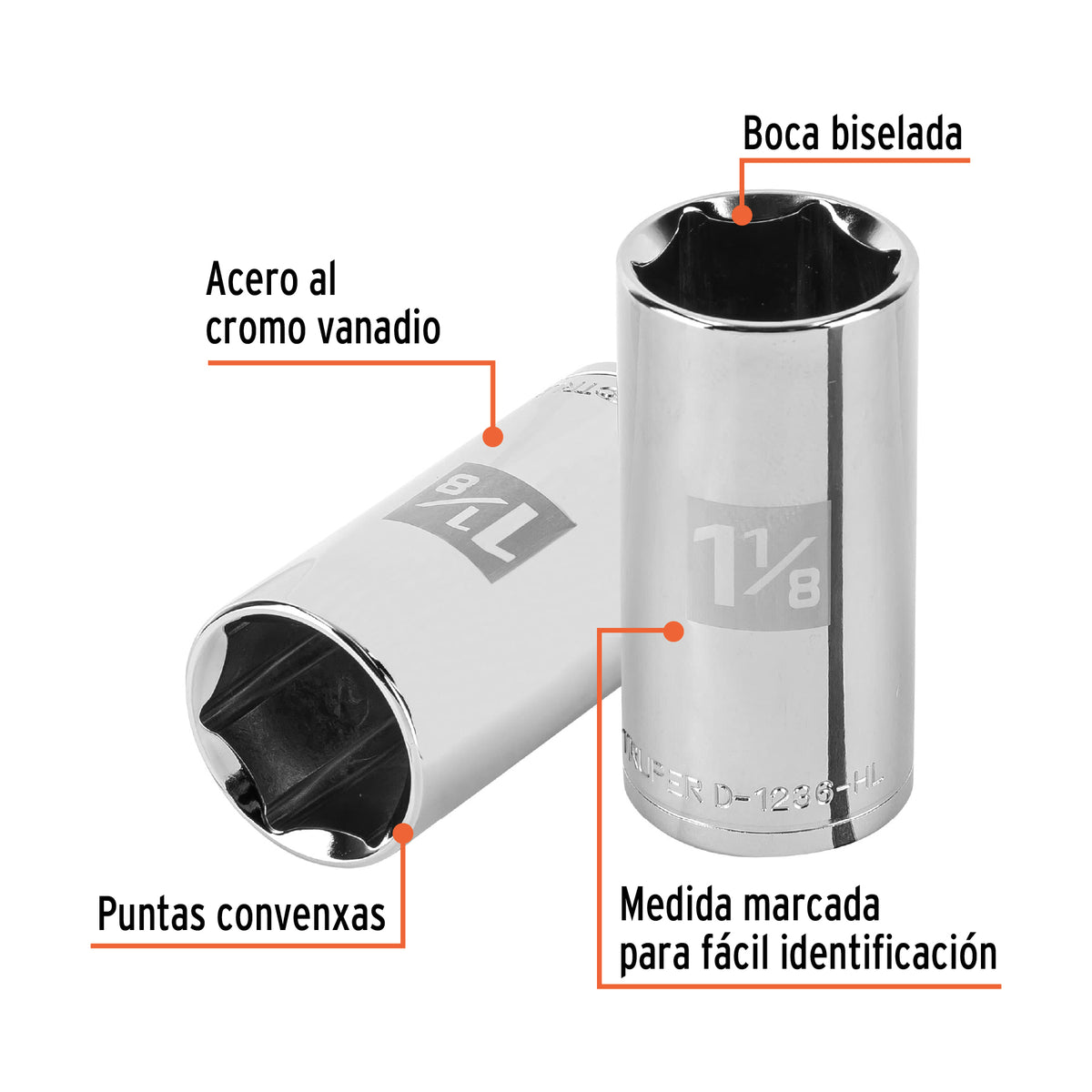 Dado largo de 1-1/8', 6 puntas, cuadro 1/2', Truper
