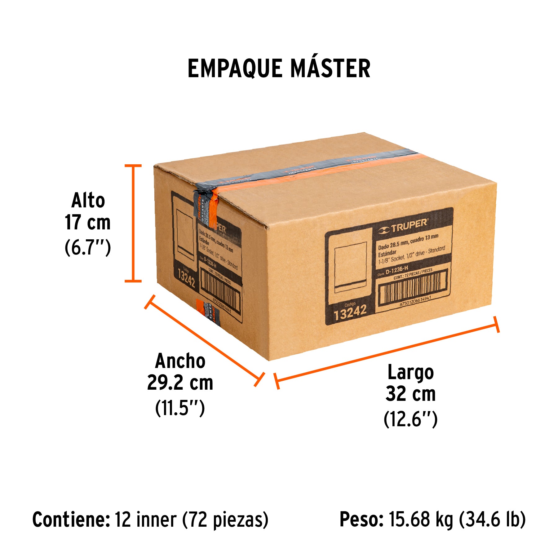 Dado de 6 puntas, cuadro 1/2" de 1-1/8"