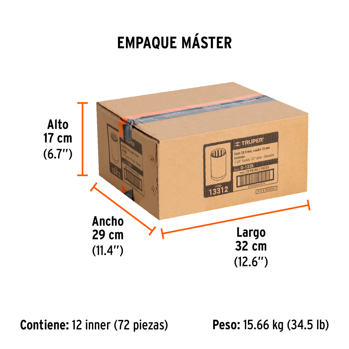 Dado de 12 puntas, cuadro 1/2" de 1-1/8"