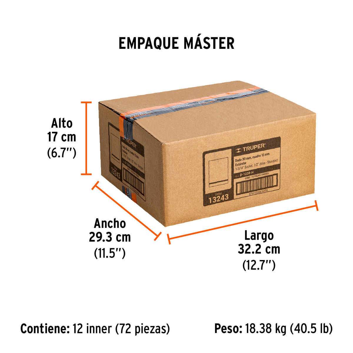 Dado de 6 puntas, cuadro 1/2" de 1-3/16"