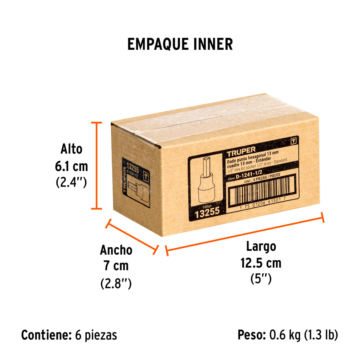 Dados de punta hexagonal, cuadro 1/2" de 1/2"