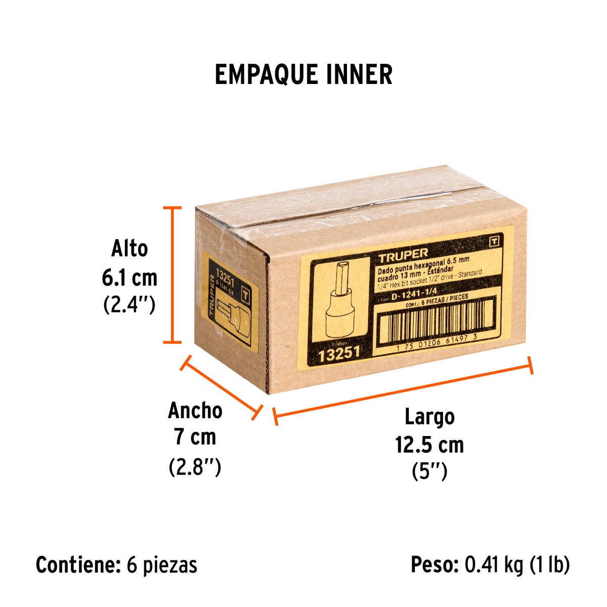 Dados de punta hexagonal, cuadro 1/2" de 1/4"