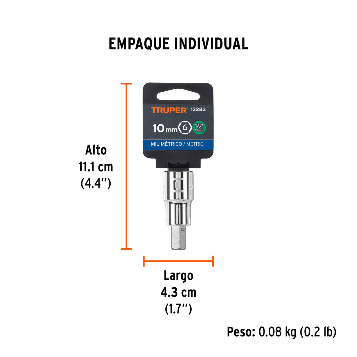 Dados de punta hexagonal, cuadro 1/2" de 10mm.