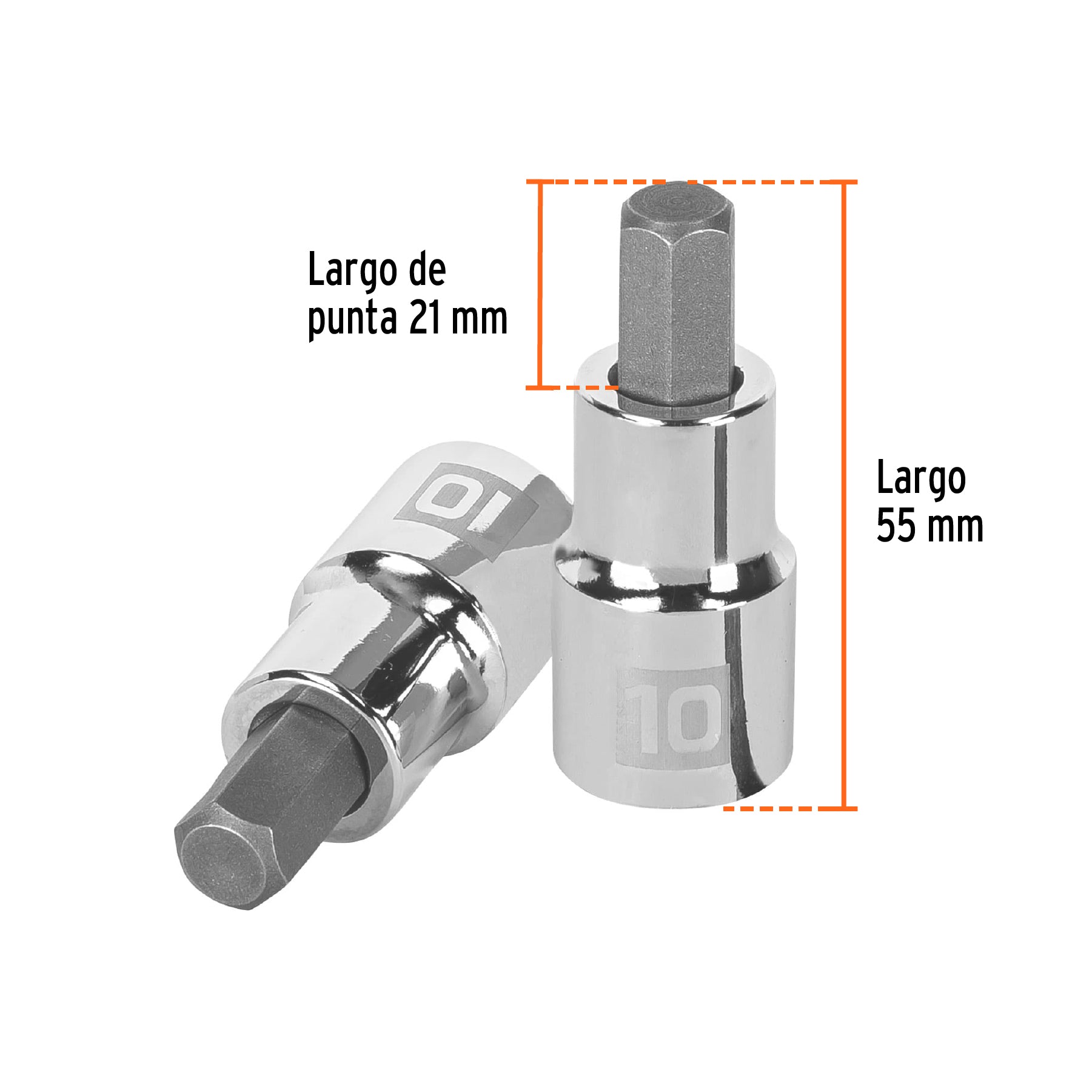 Dados de punta hexagonal, cuadro 1/2" de 10mm.