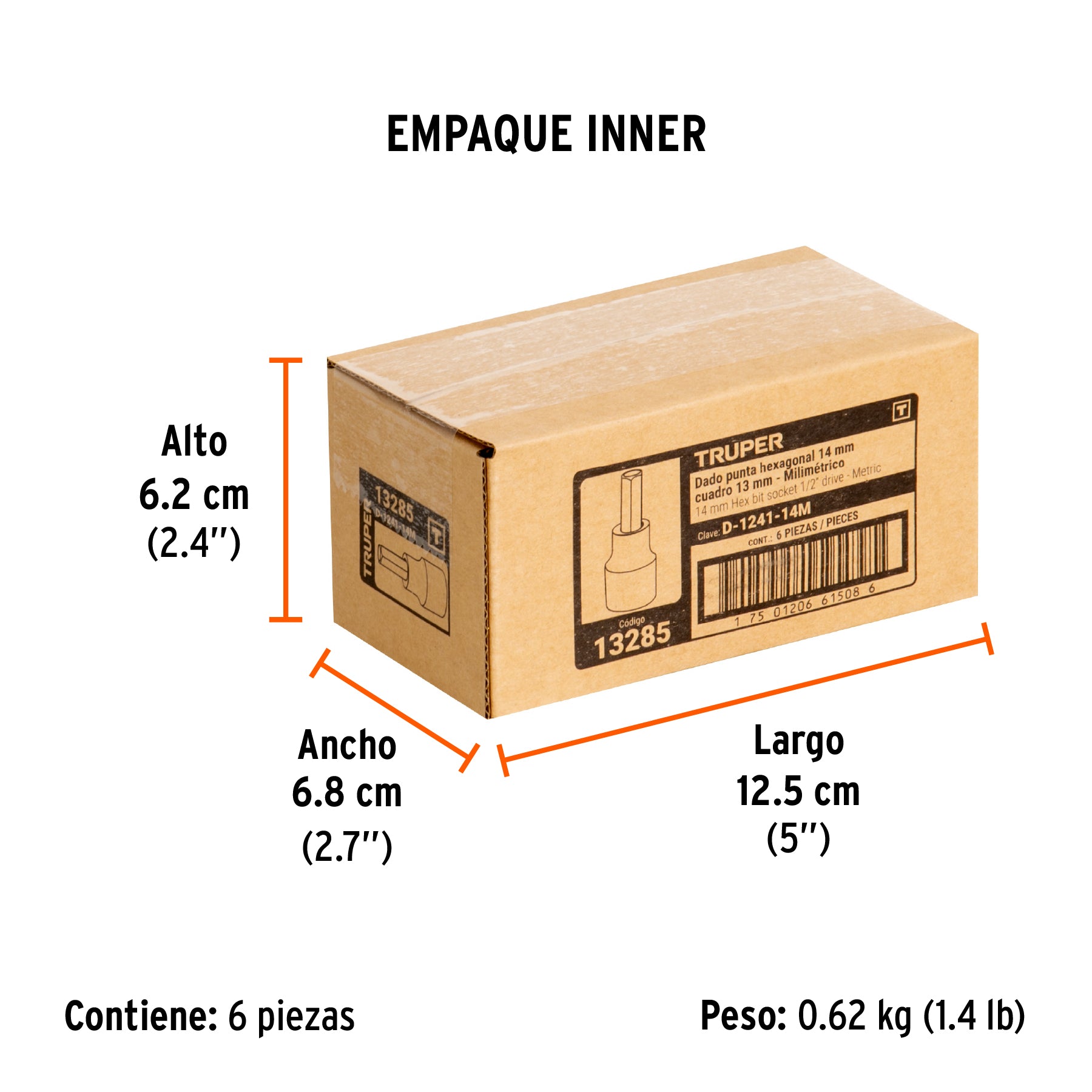 Dados de punta hexagonal, cuadro 1/2" de 14mm.