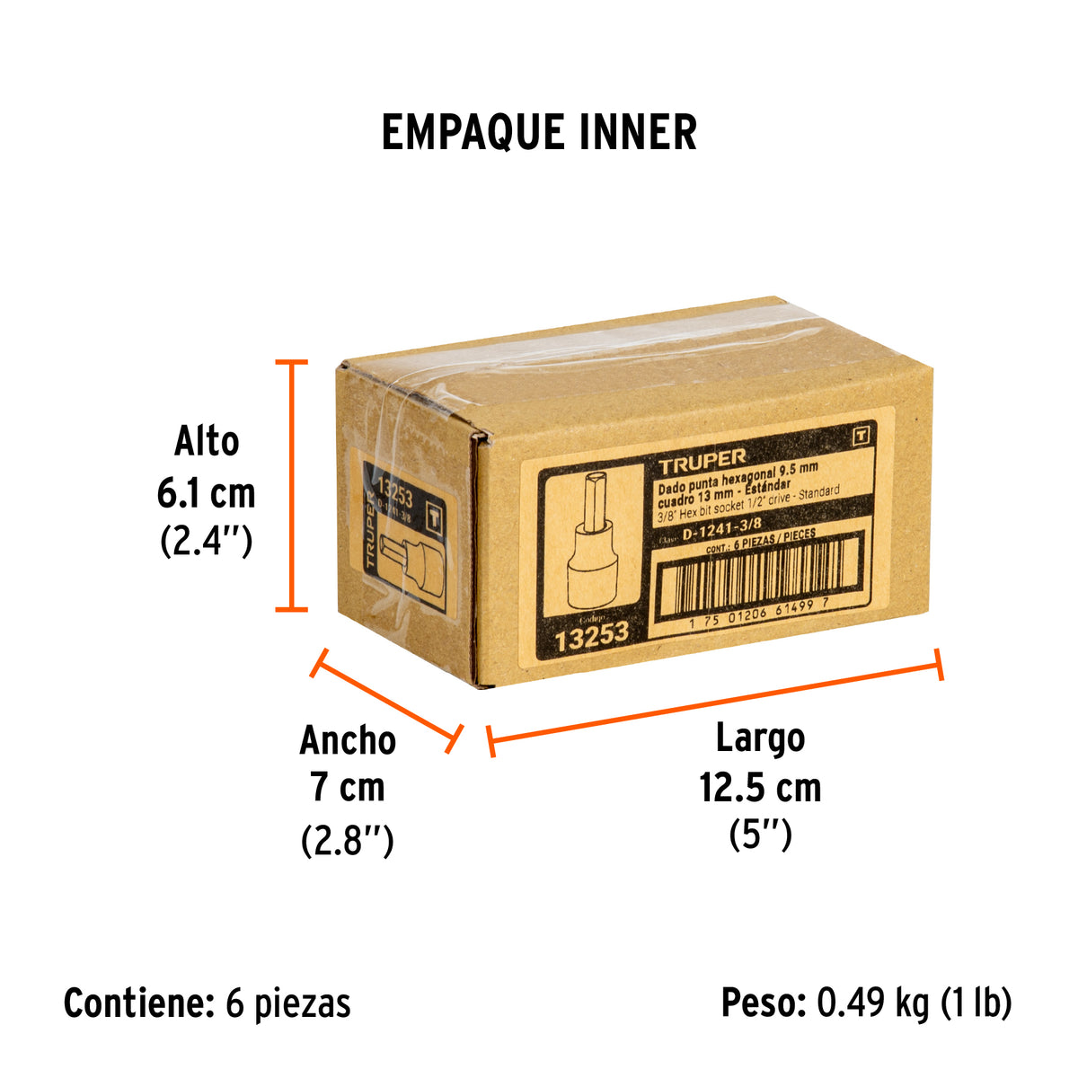 Dados de punta hexagonal, cuadro 1/2" de 3/8"