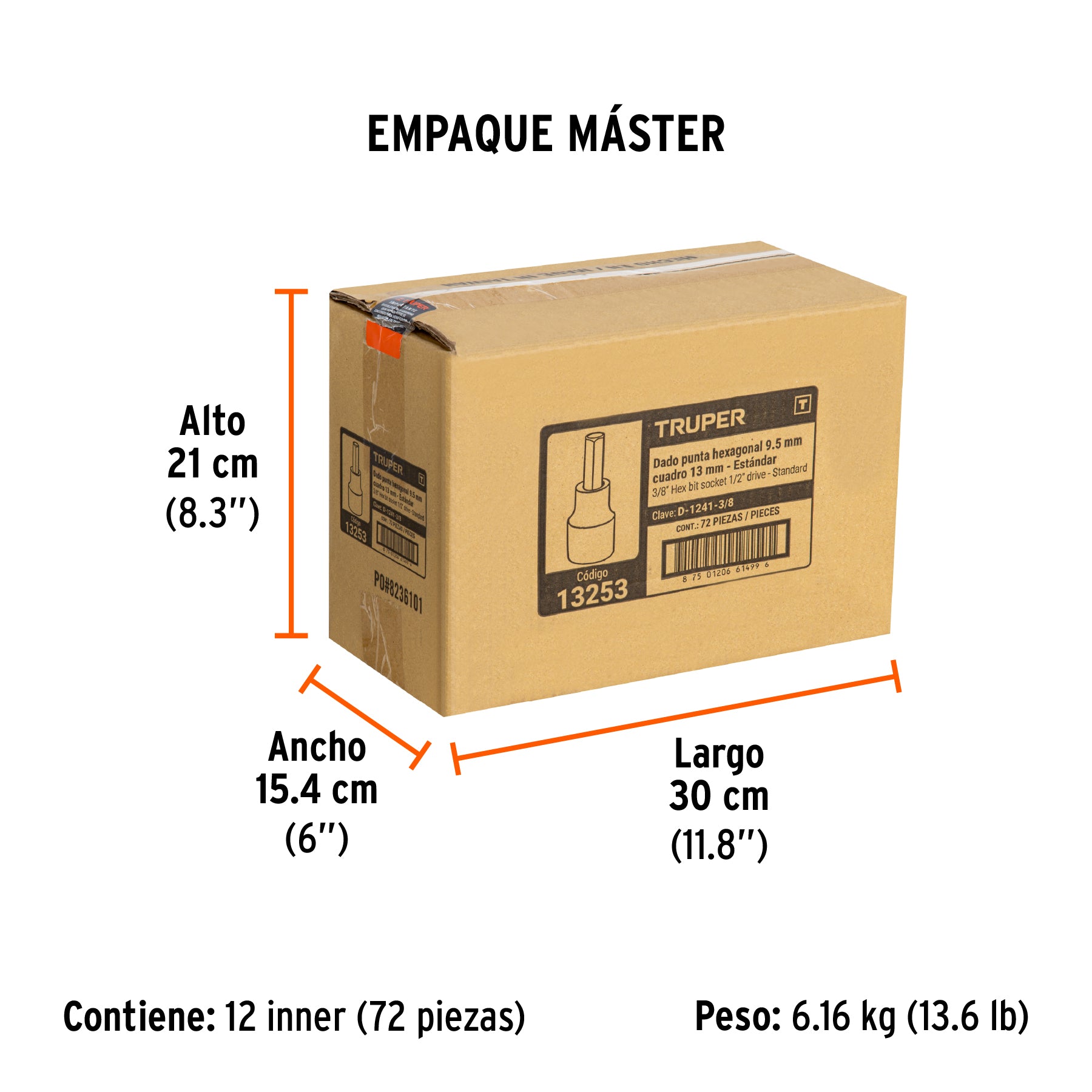 Dados de punta hexagonal, cuadro 1/2" de 3/8"
