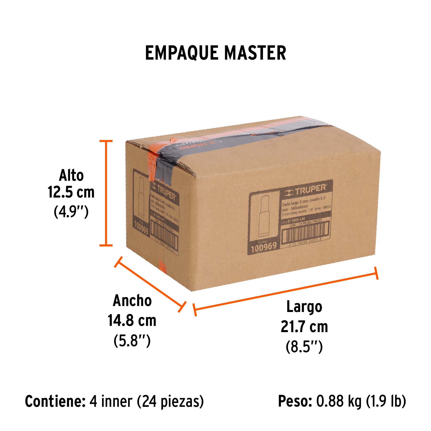 Dado largo de 5 mm, 6 puntas, cuadro 1/4', Truper
