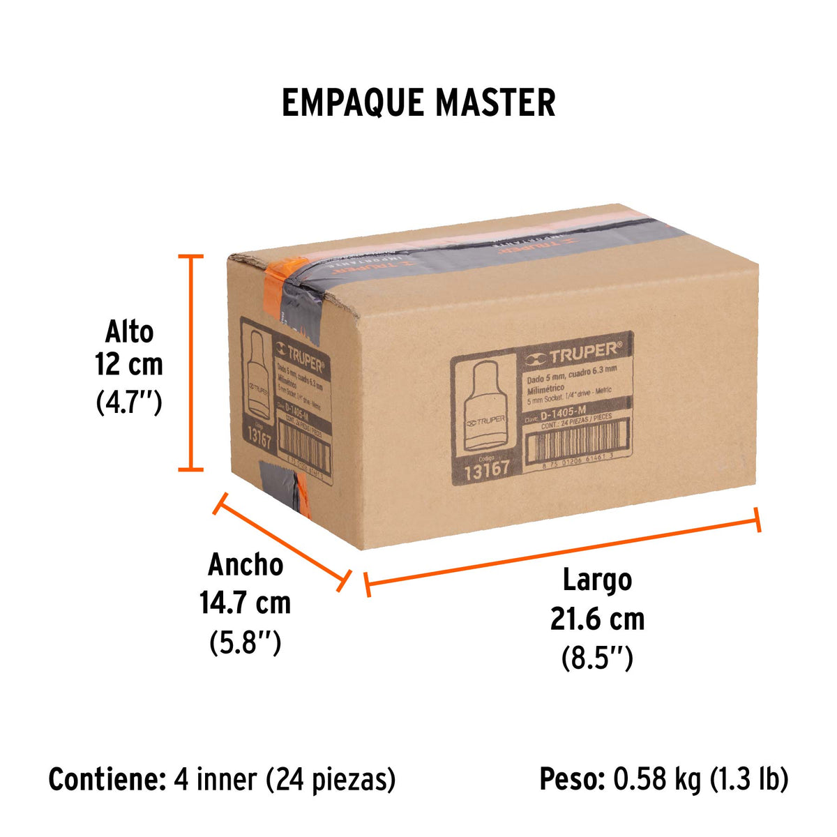 Dado de 6 puntas, cuadro 1/4" de 5mm