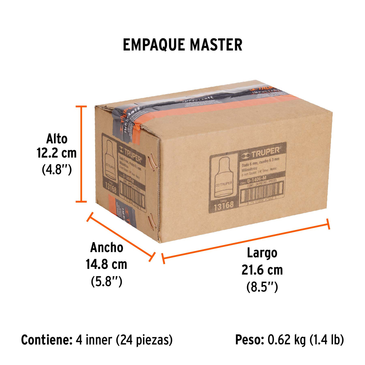 Dado de 6 puntas, cuadro 1/4" de 6mm