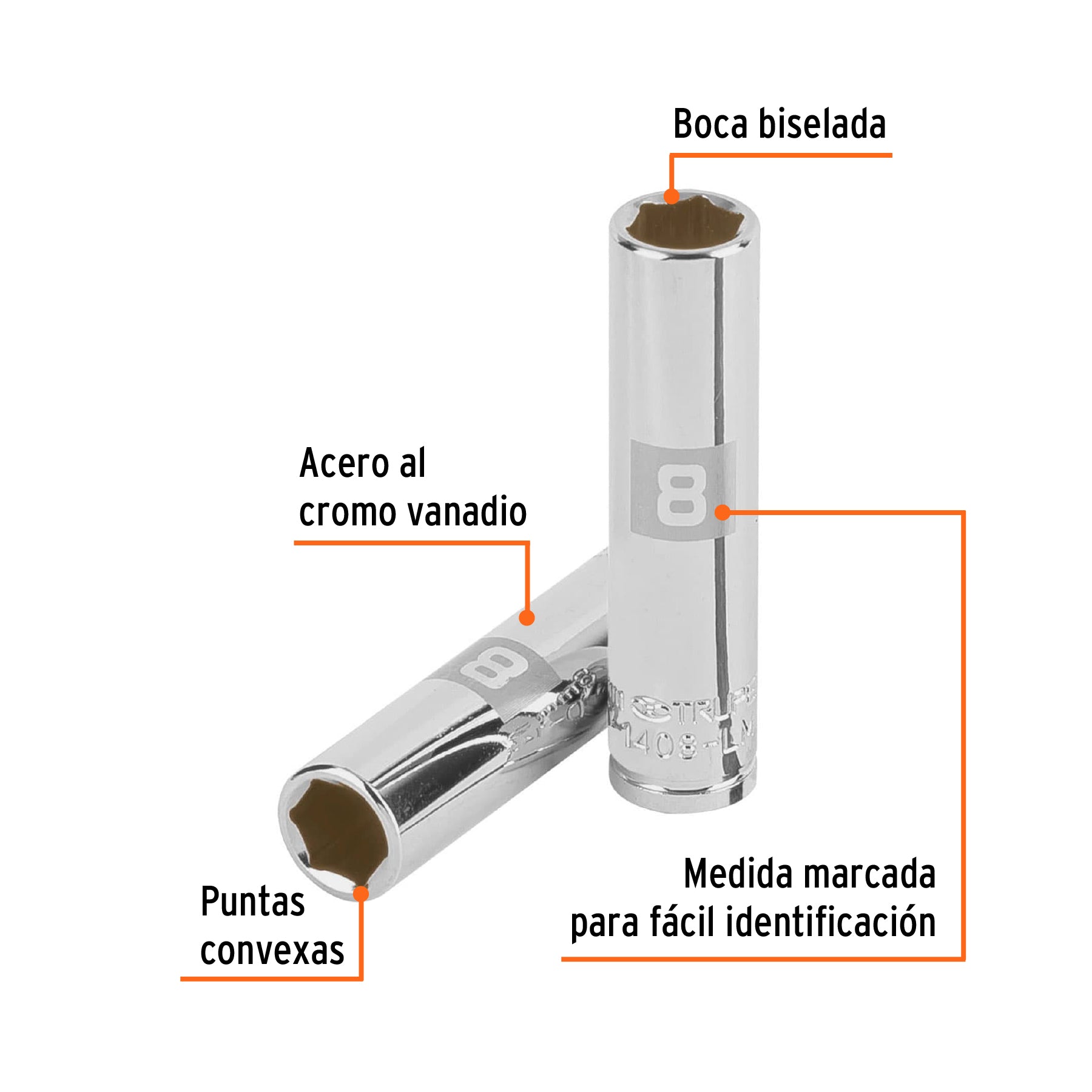 Dado de 6 puntas, largo, cuadro 1/4" de 8mm