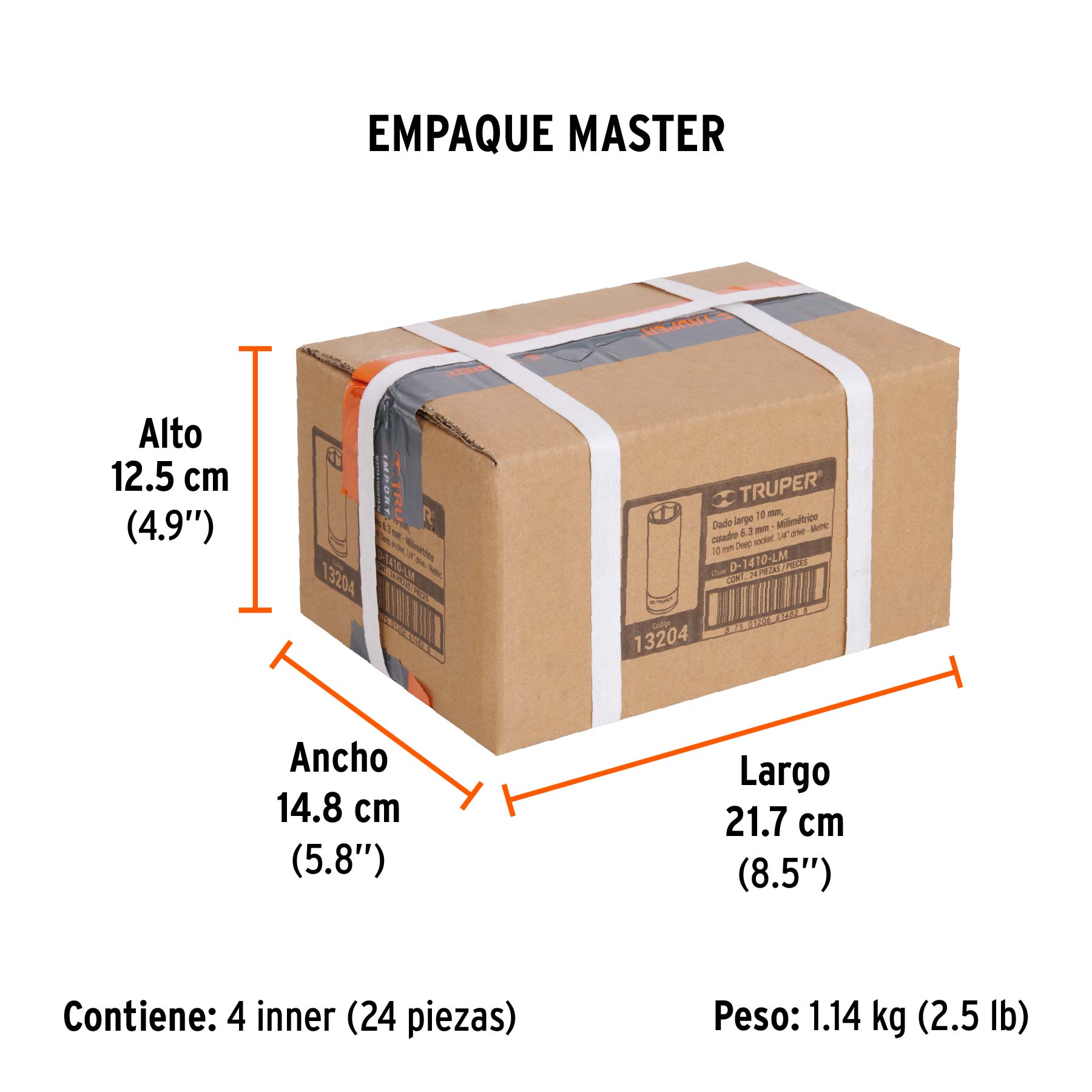 Dado de 6 puntas, largo, cuadro 1/4" de 10mm