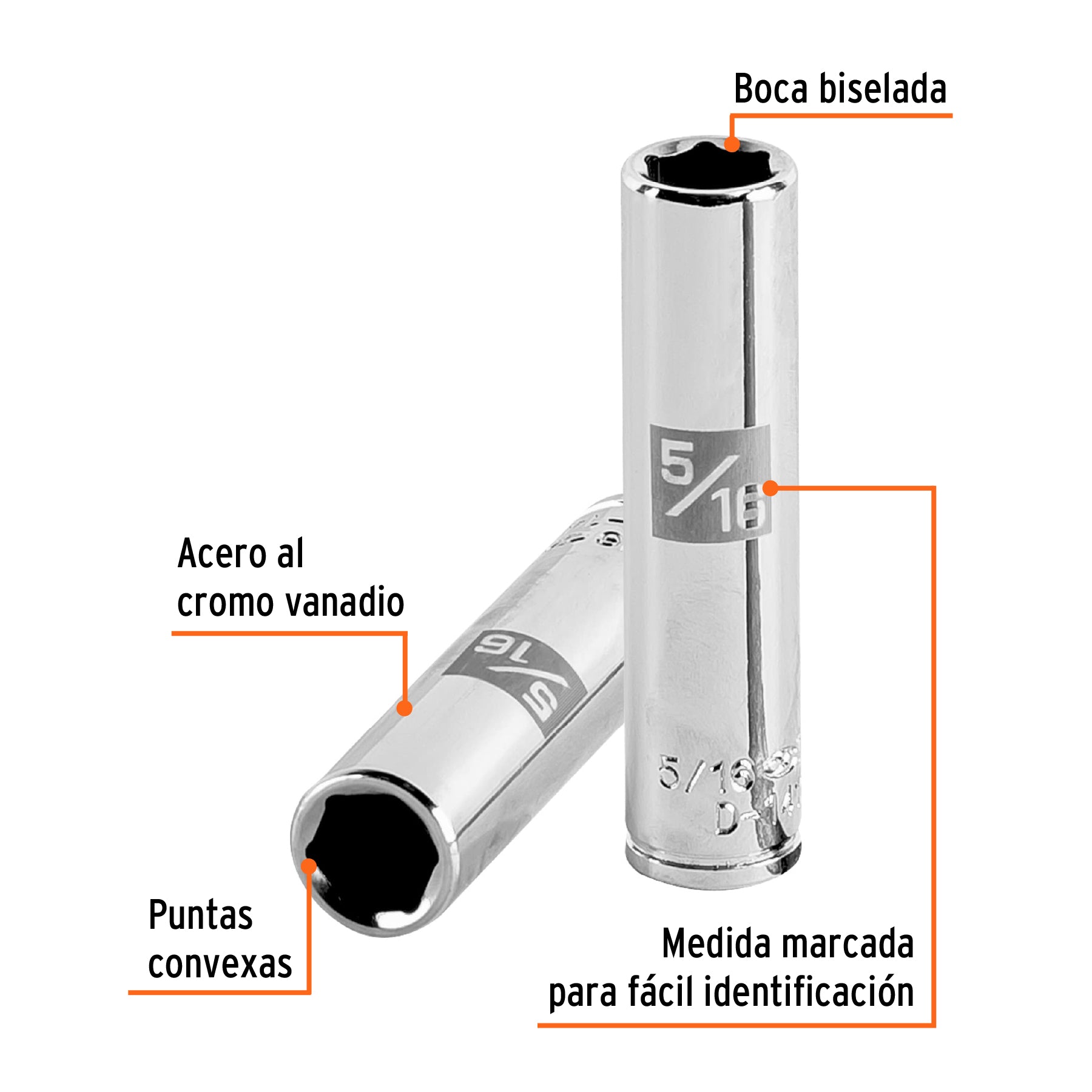 Dado de 6 puntas, largo, cuadro 1/4" de 5/16"