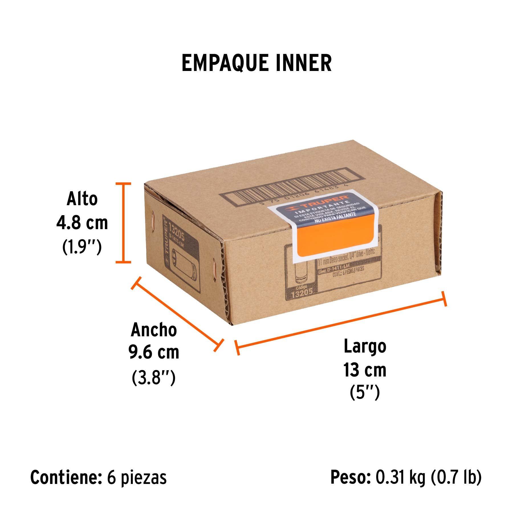 Dado de 6 puntas, largo, cuadro 1/4" de 11mm