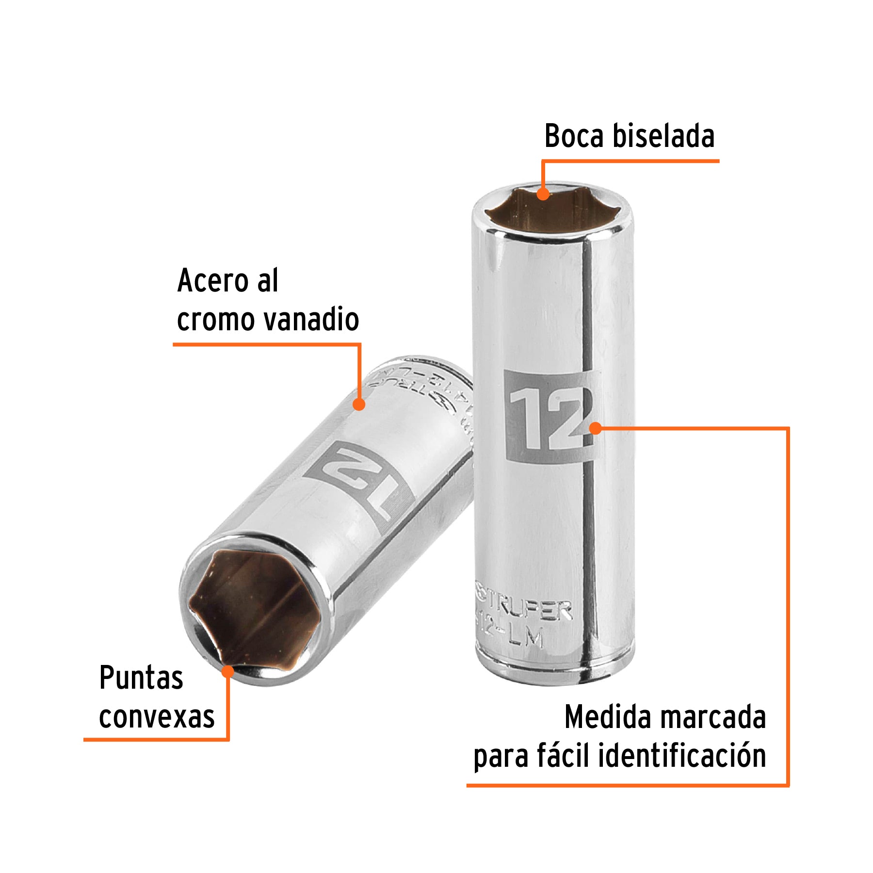 Dado de 6 puntas, largo, cuadro 1/4" de 12mm