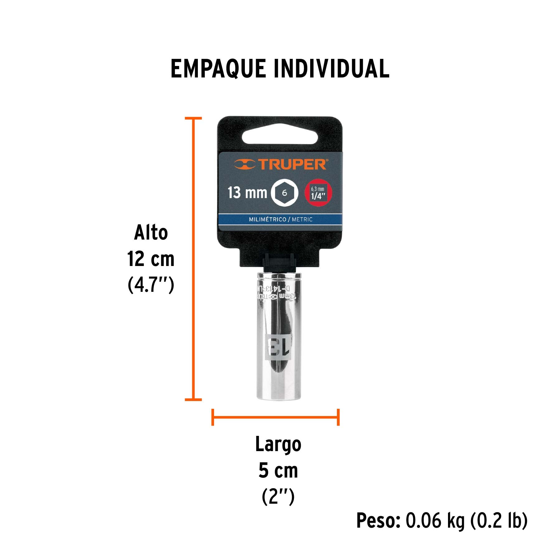 Dado de 6 puntas, largo, cuadro 1/4" de 13mm