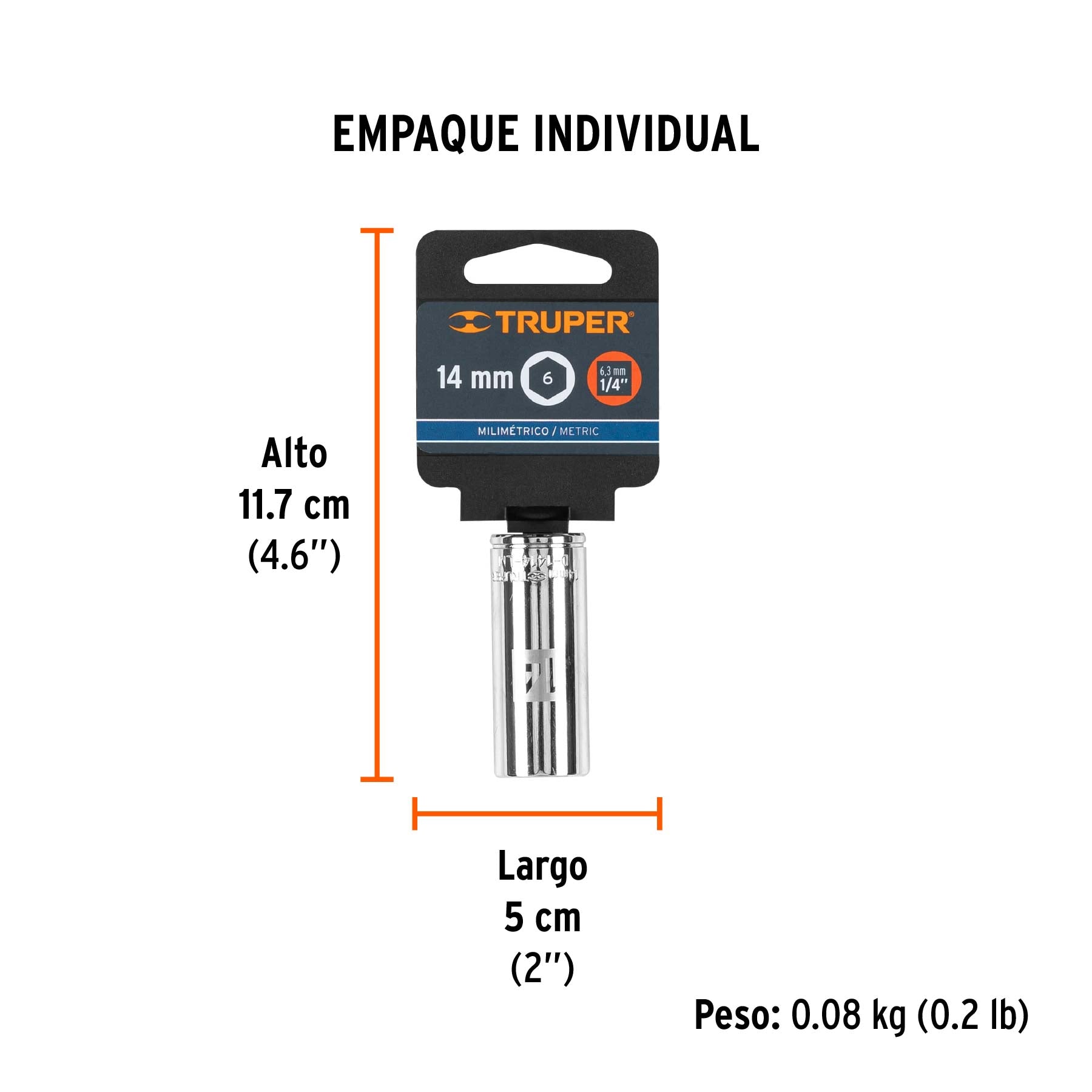 Dado de 6 puntas, largo, cuadro 1/4" de 14mm