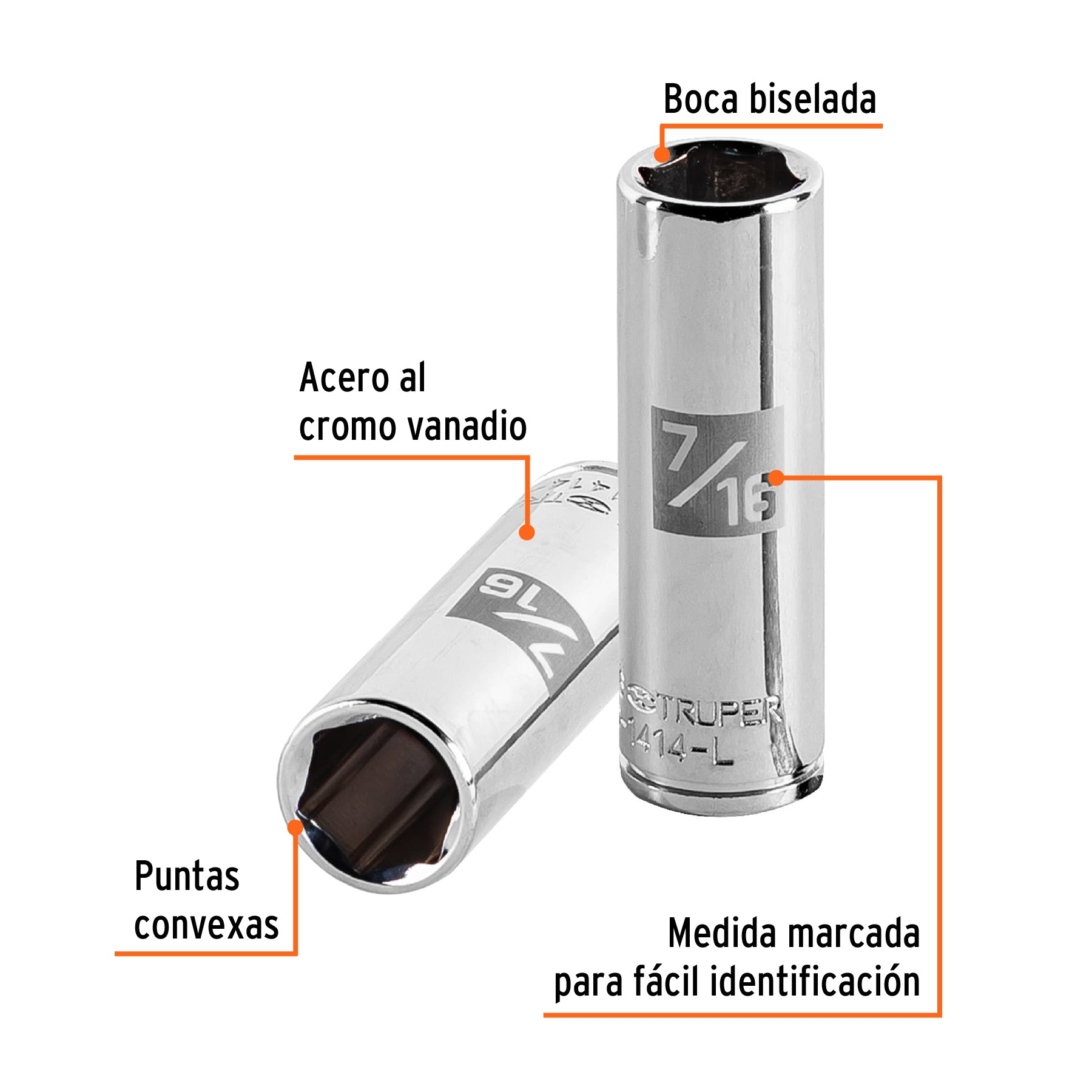 Dado de 6 puntas, largo, cuadro 1/4" de 7/16"