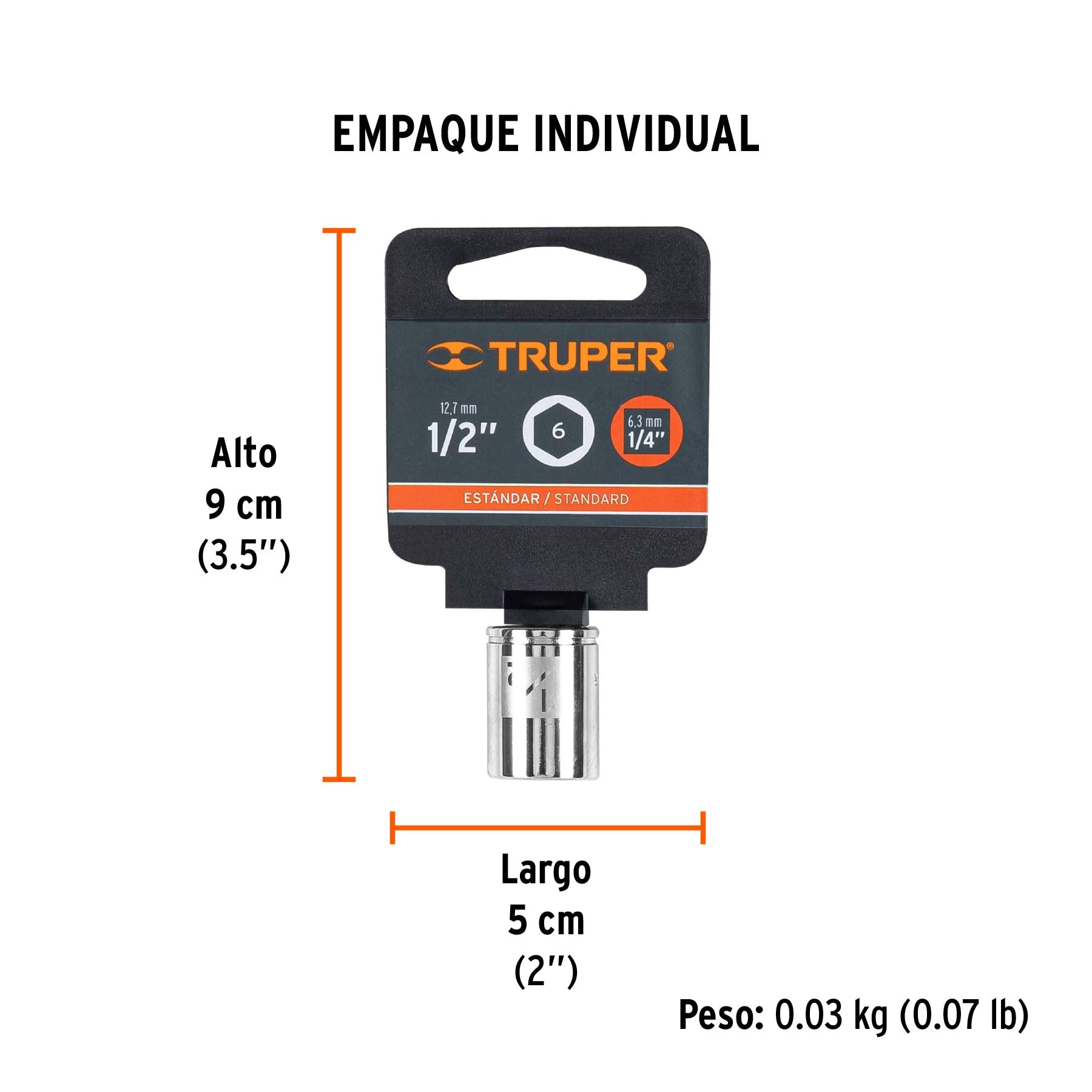 Dado de 6 puntas, cuadro 1/4" de 1/2"
