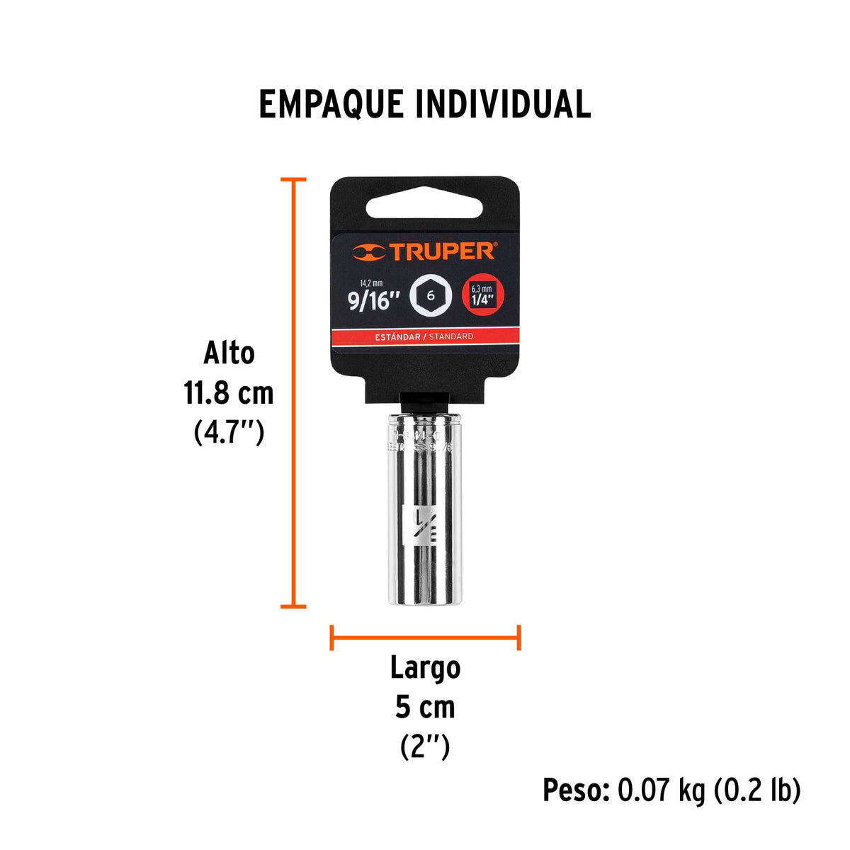 Dado de 6 puntas, largo, cuadro 1/4" de 9/16"