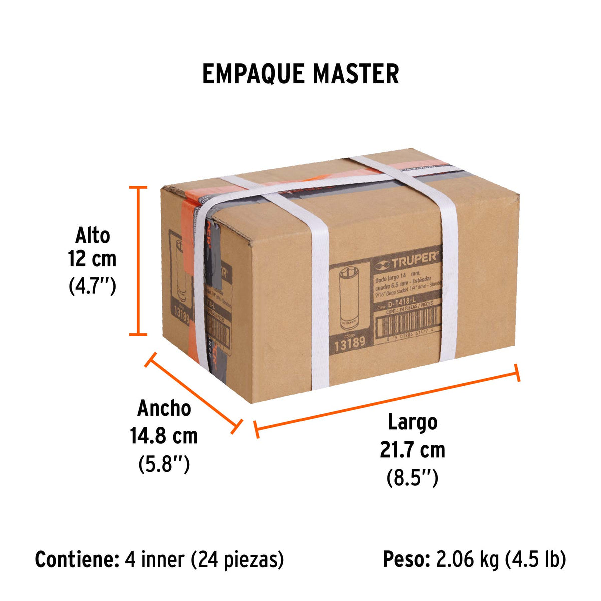 Dado de 6 puntas, largo, cuadro 1/4" de 9/16"