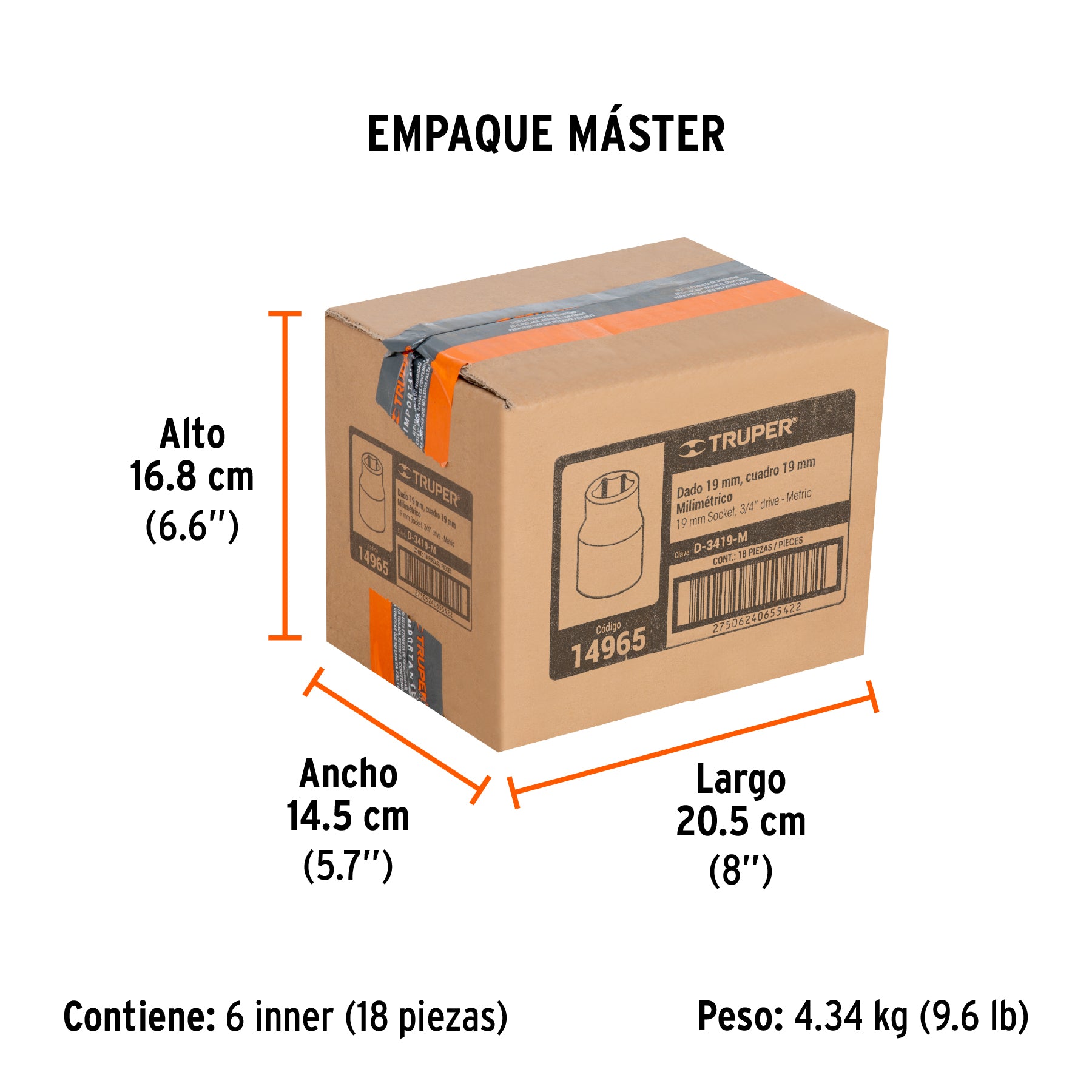 Dado de 6 puntas, cuadro 3/4" de 19mm