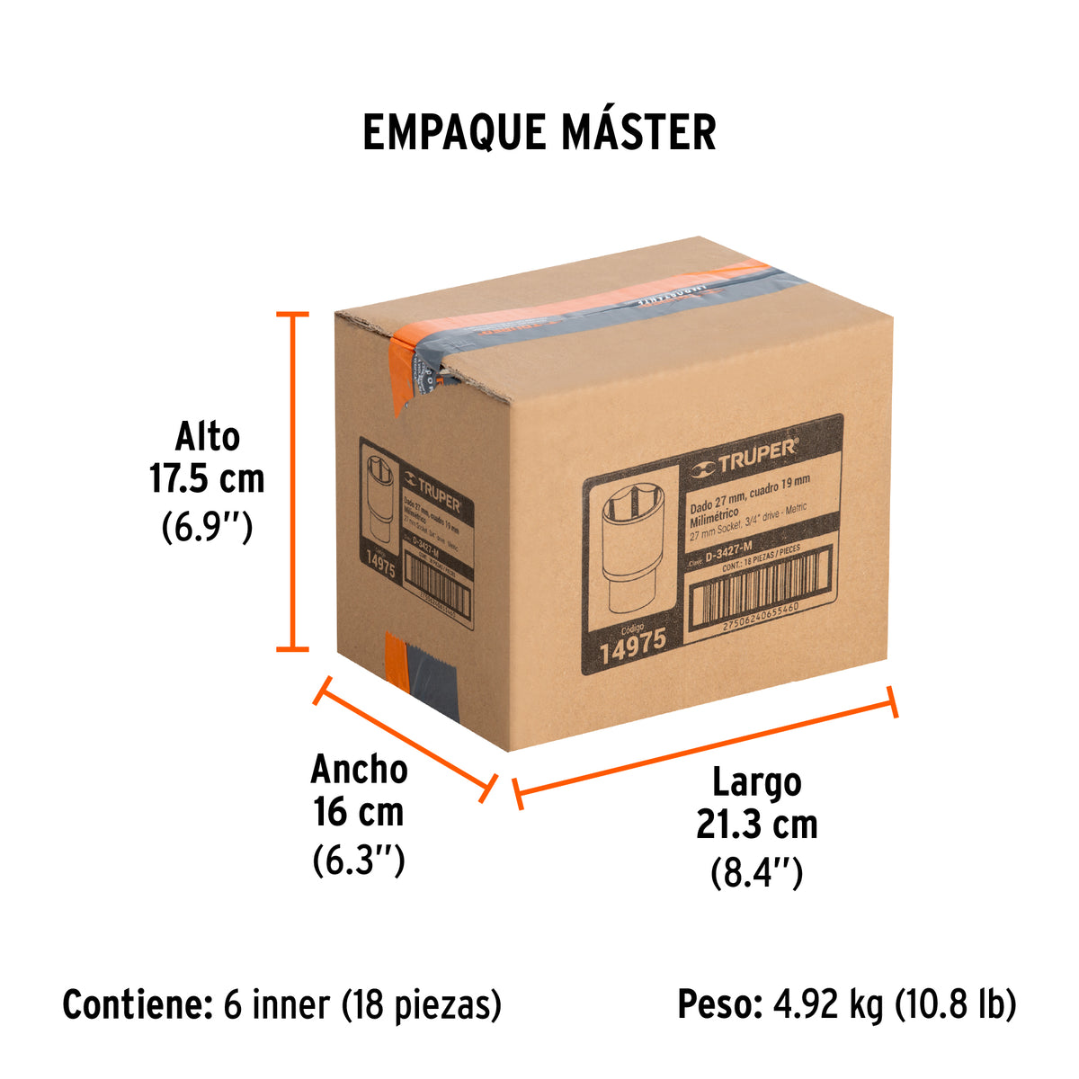 Dado de 6 puntas, cuadro 3/4" de 27mm