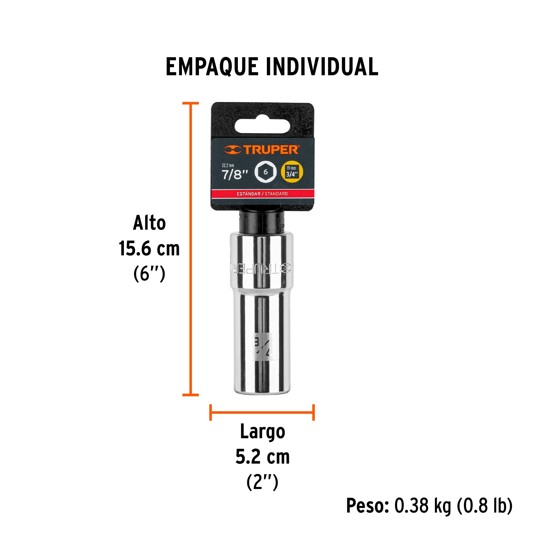Dado de 6 puntas, largo, cuadro 3/4" de 7/8"