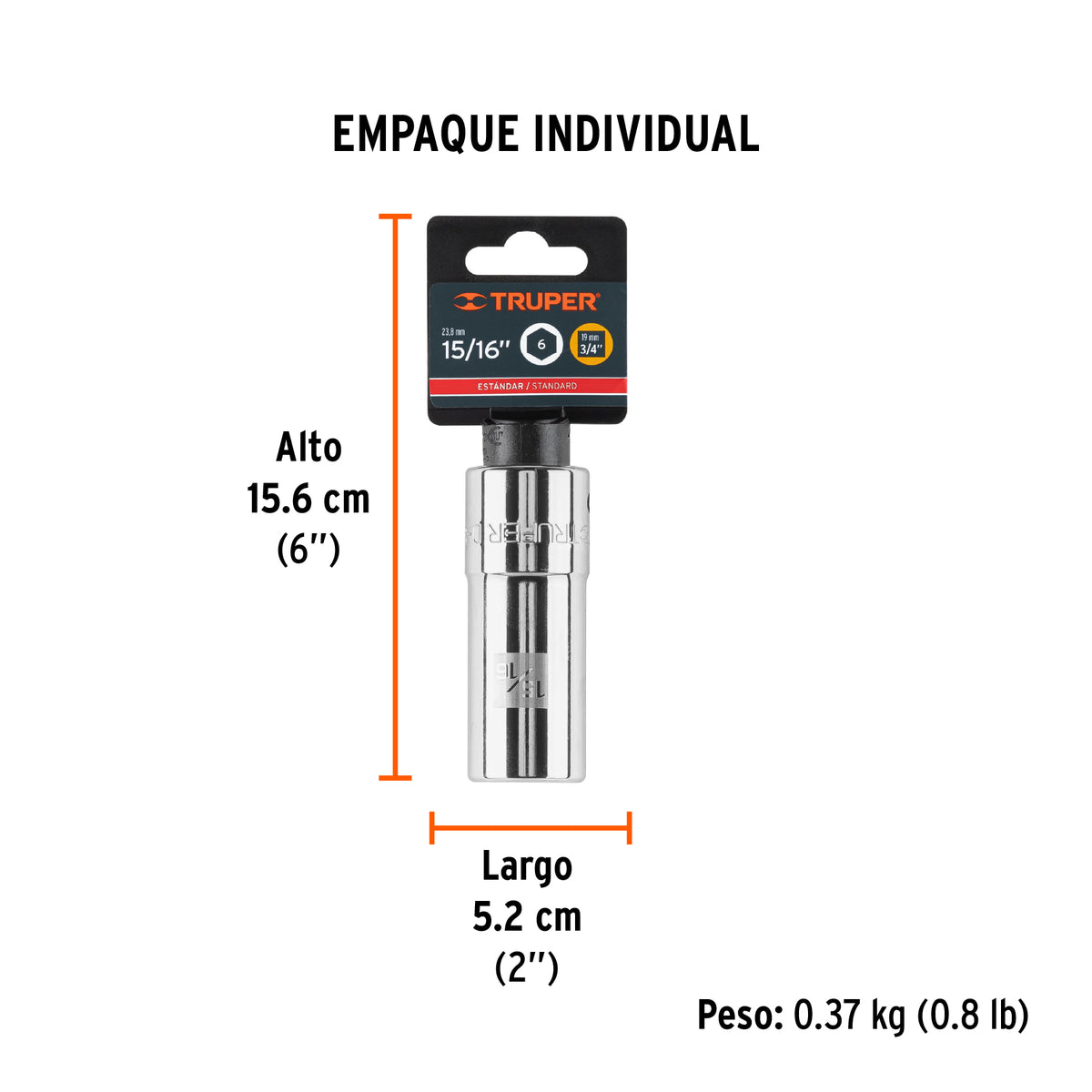 Dado de 6 puntas, largo, cuadro 3/4" de 15/16"
