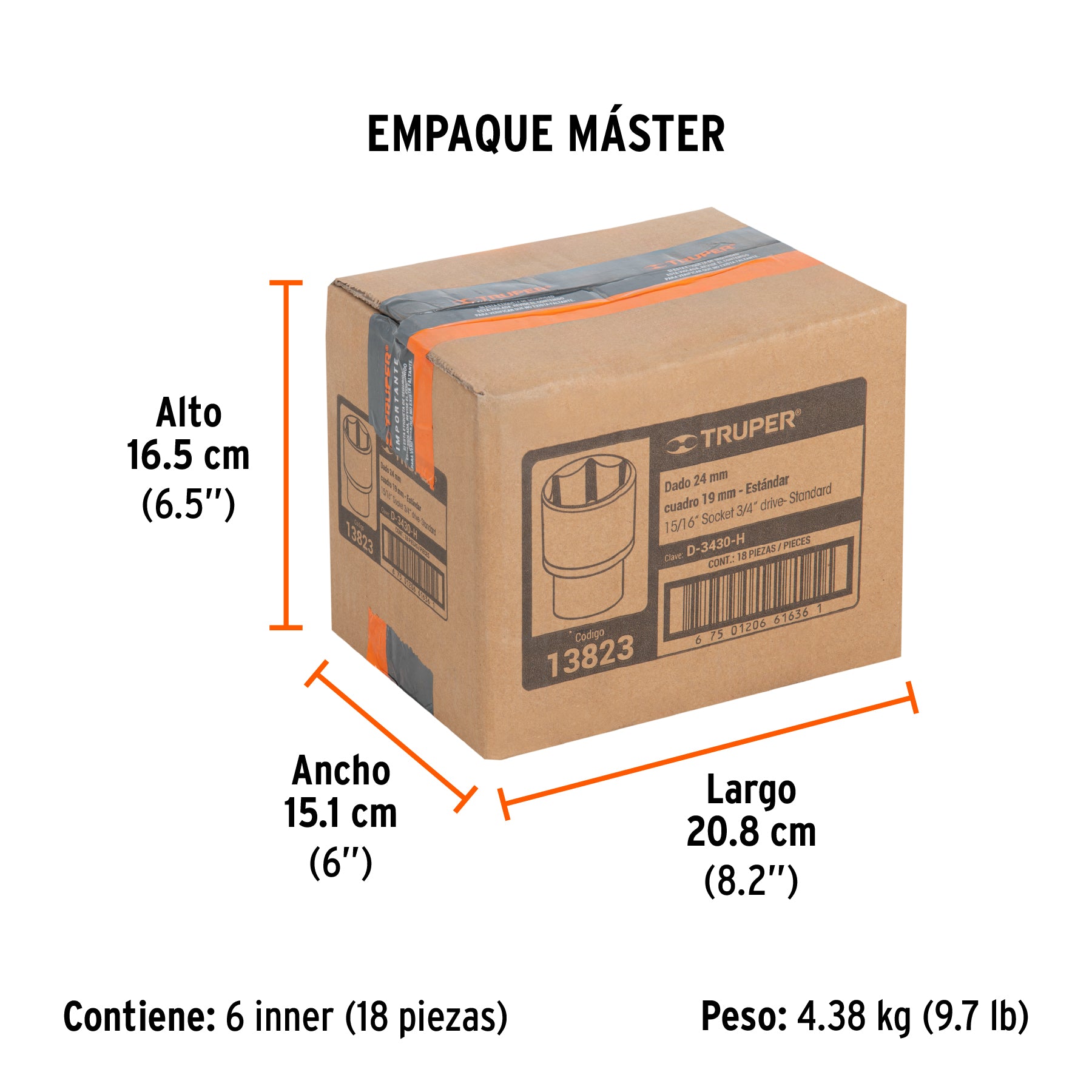 Dado de 6 puntas, cuadro 3/4" de 15/16"