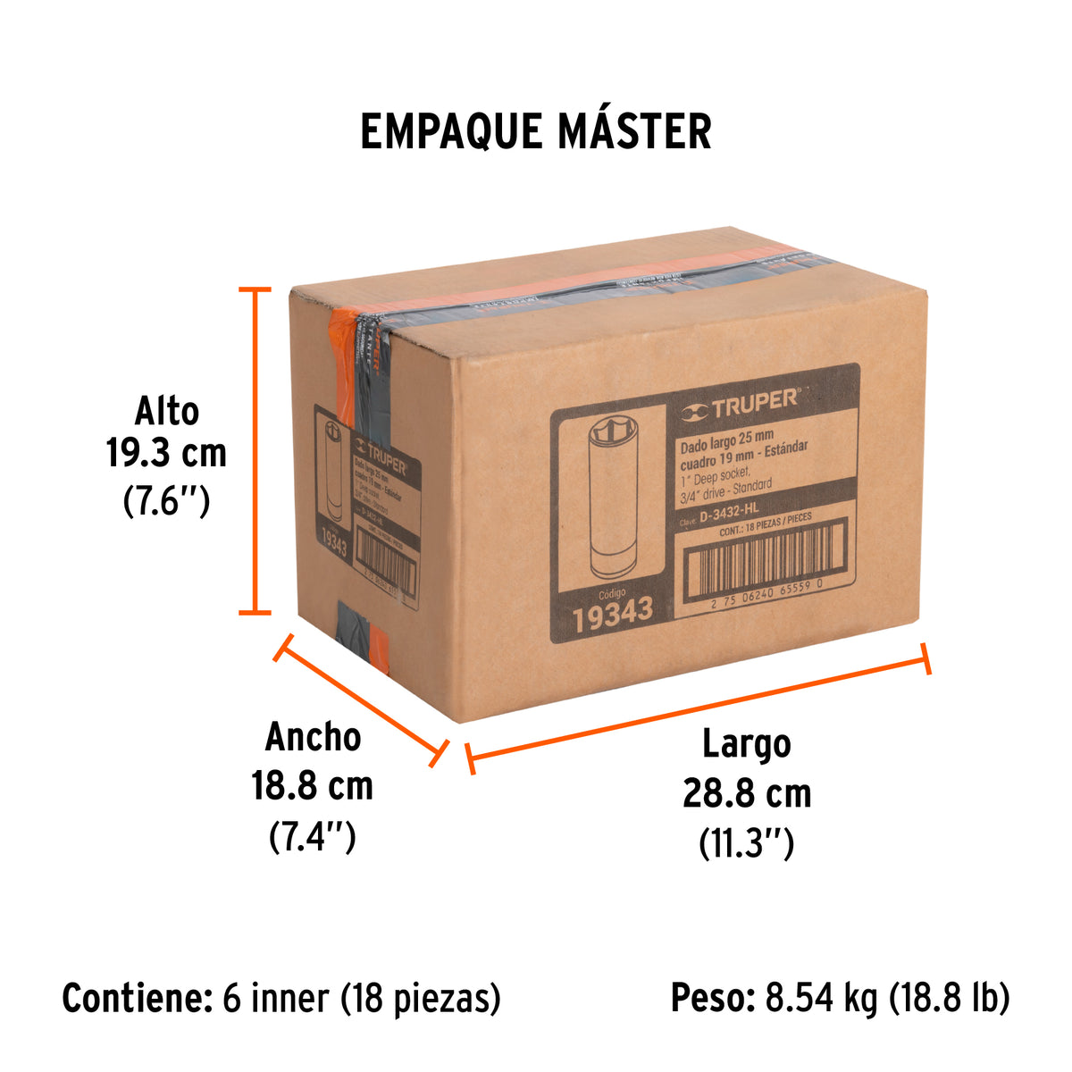 Dado de 6 puntas, largo, cuadro 3/4" de 1"