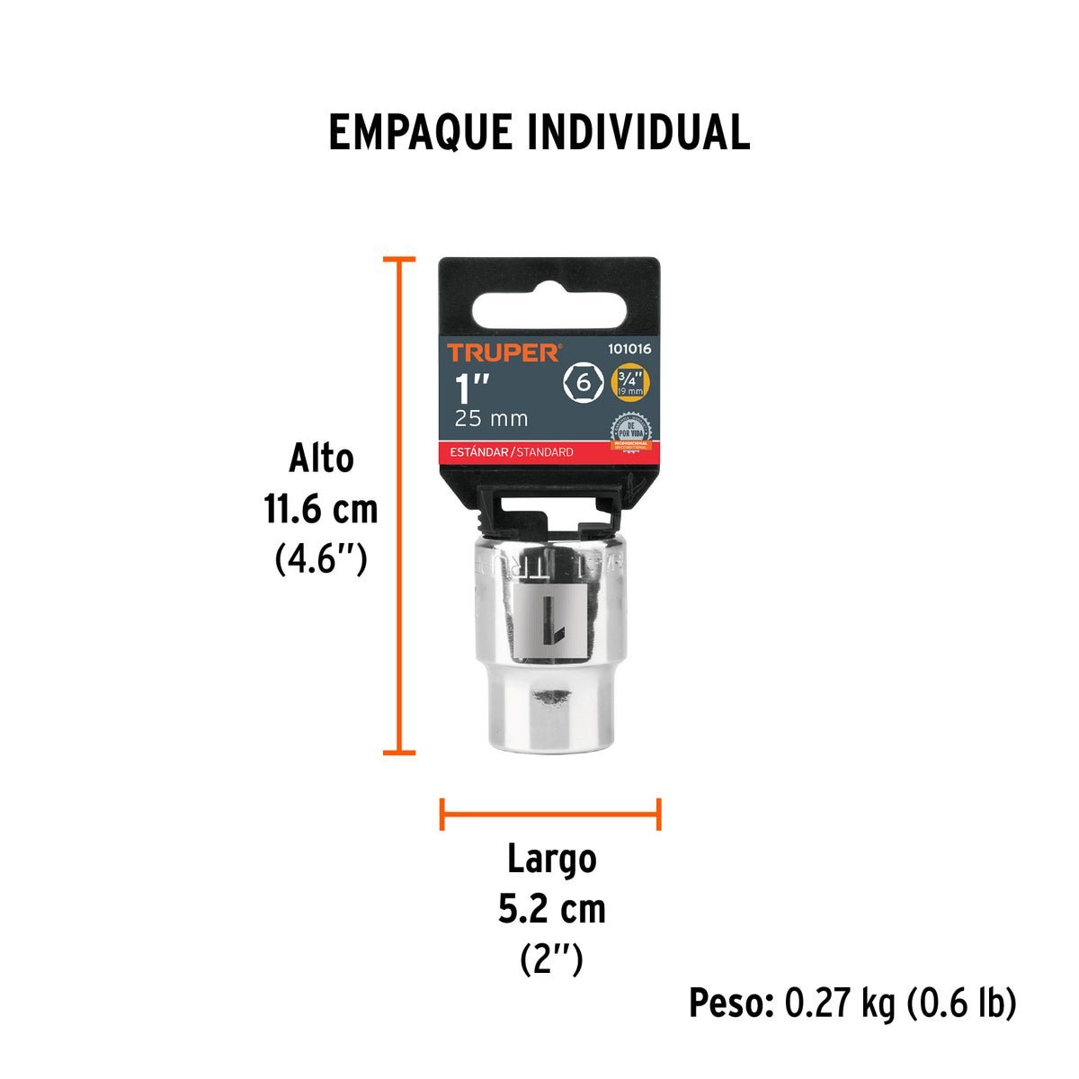 Dado de 1', 6 puntas, cuadro 3/4', Truper