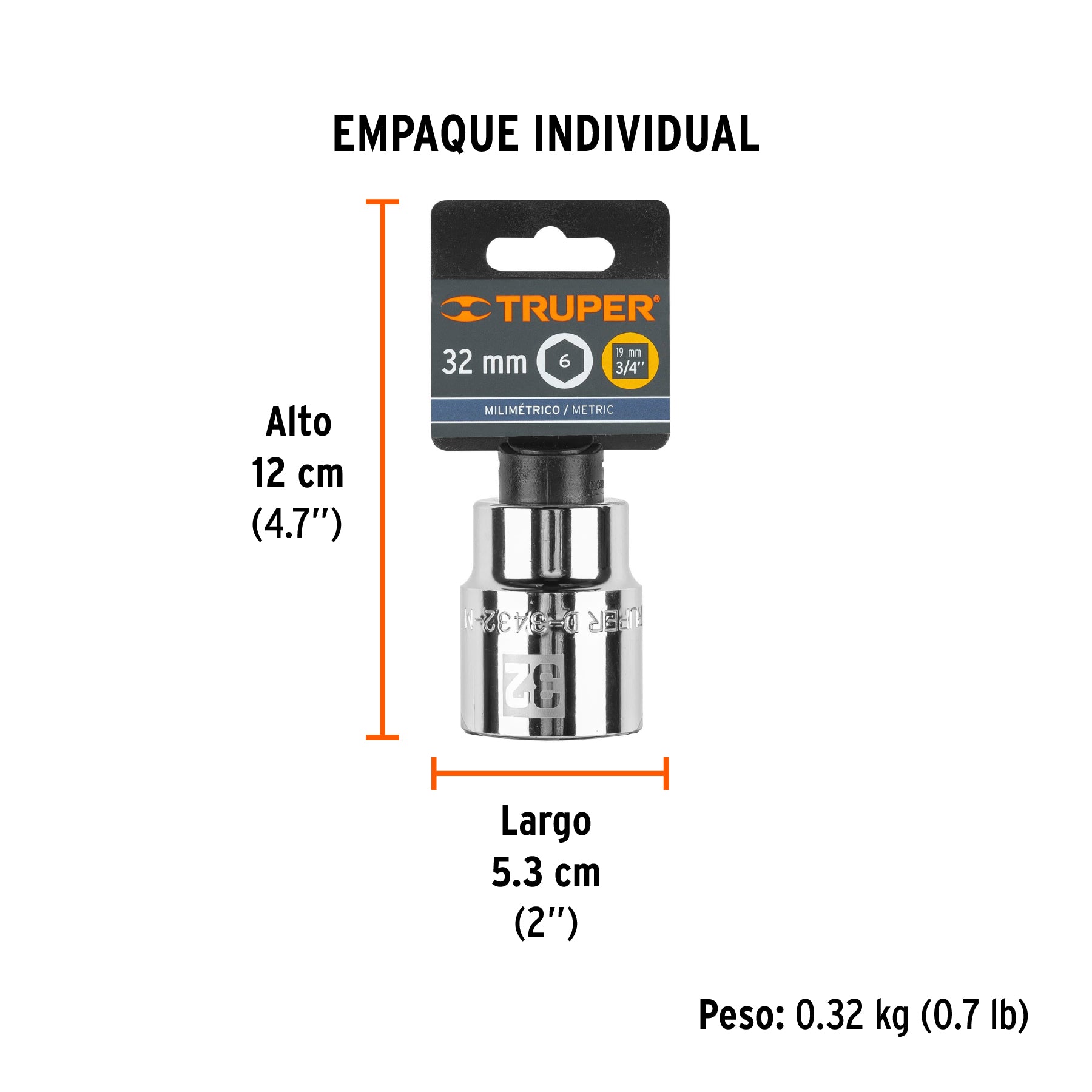 Dado de 6 puntas, cuadro 3/4" de 32mm