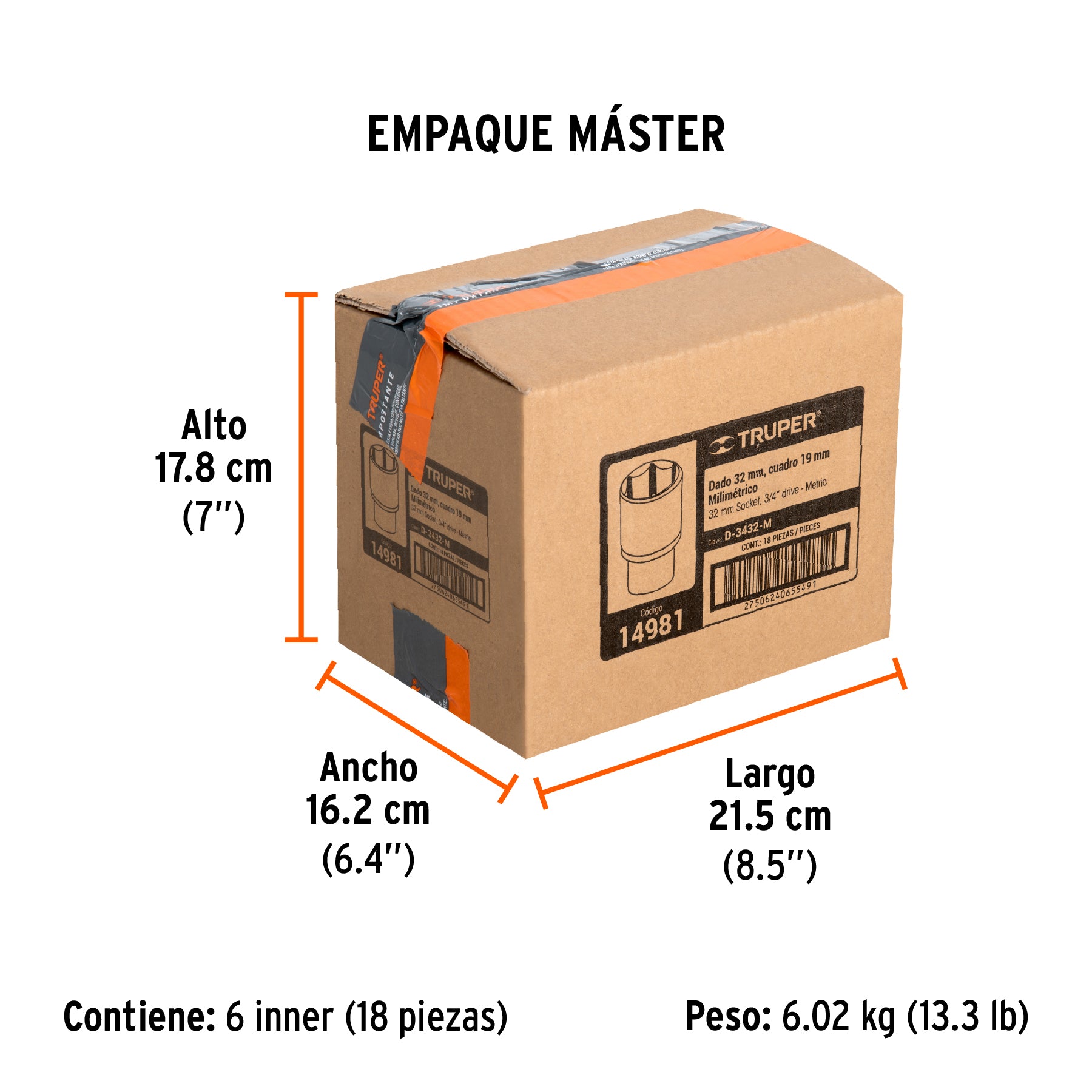 Dado de 6 puntas, cuadro 3/4" de 32mm