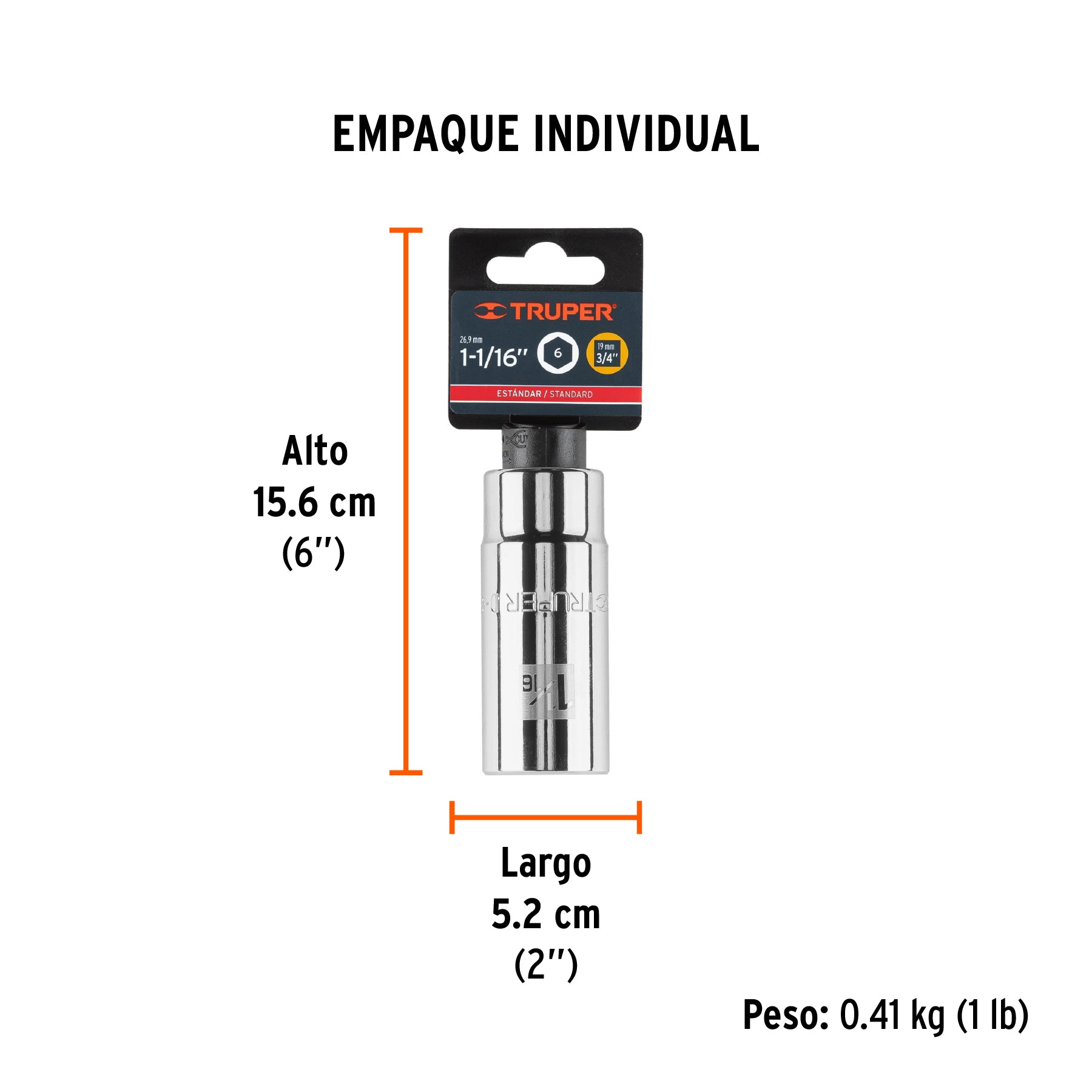Dado de 6 puntas, largo, cuadro 3/4" de 1-1/16"