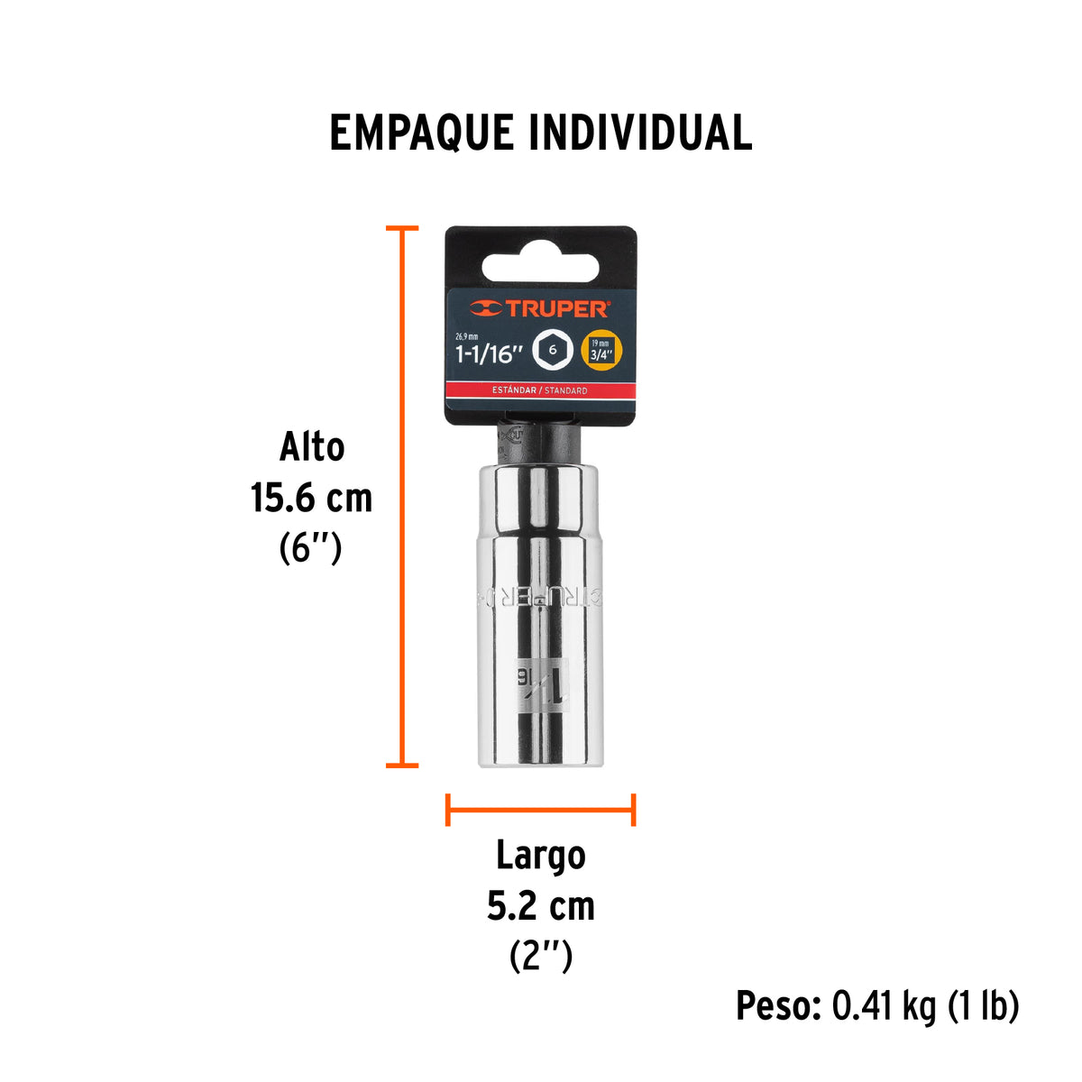 Dado de 6 puntas, largo, cuadro 3/4" de 1-1/16"