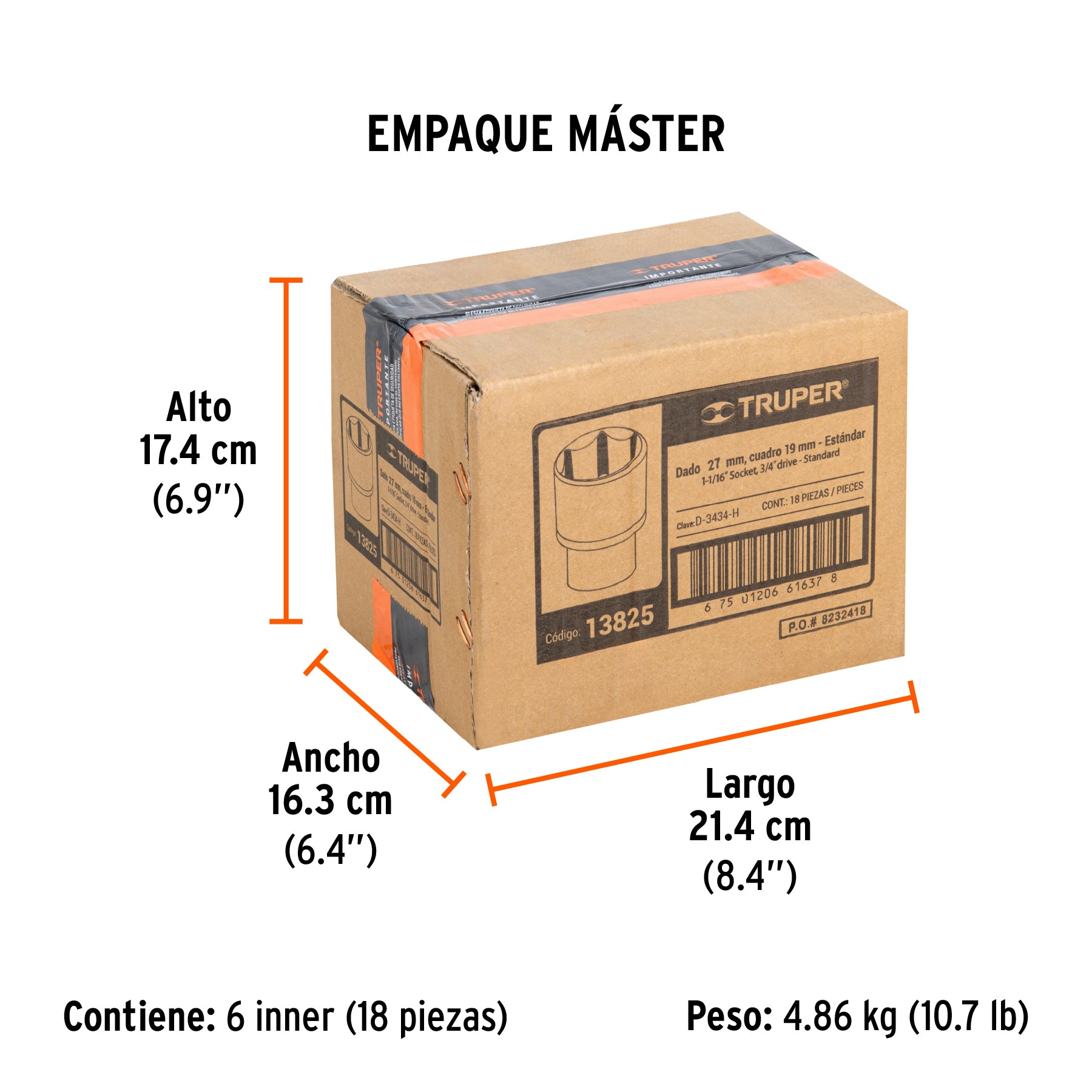 Dado de 6 puntas, cuadro 3/4" de 1-1/16"