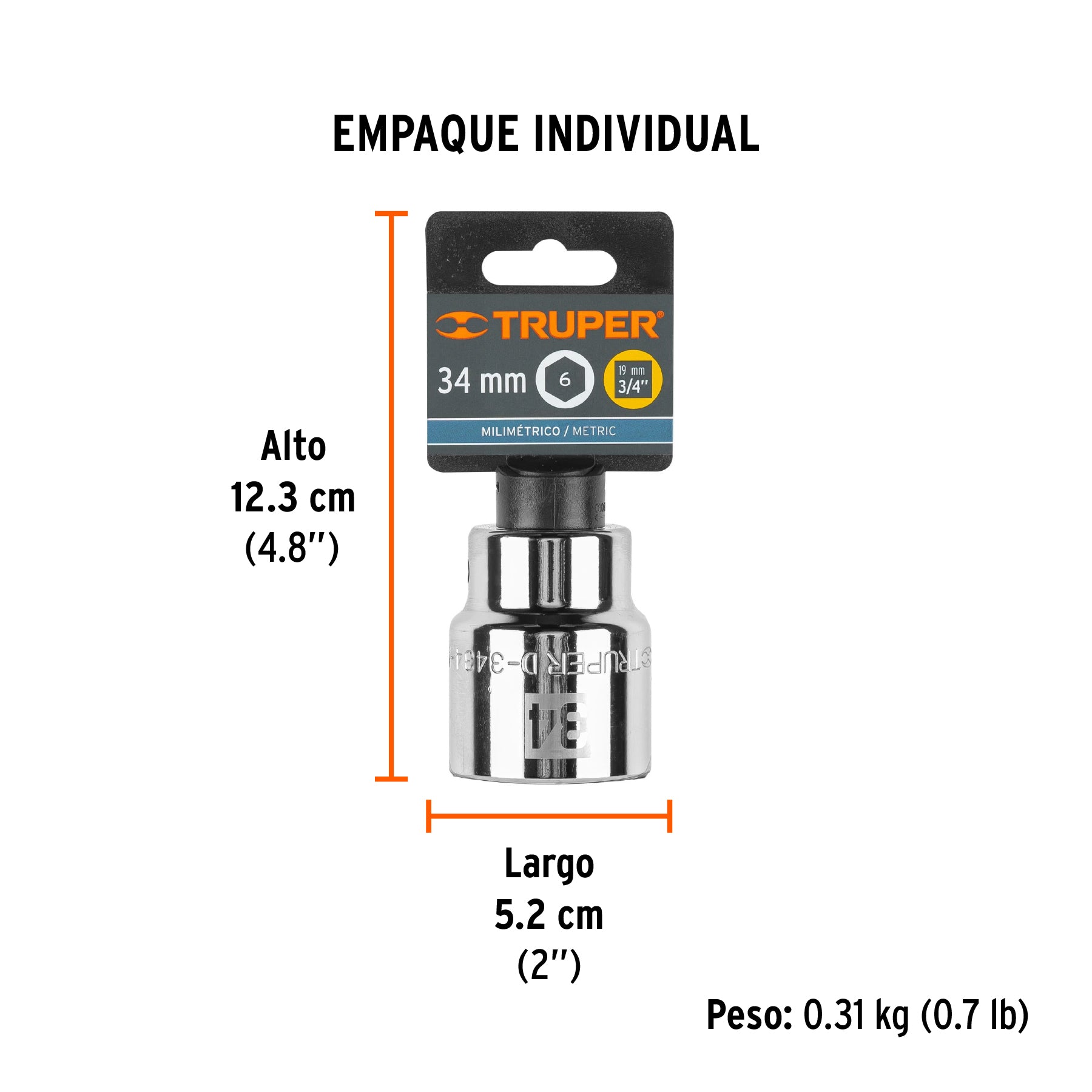 Dado de 6 puntas, cuadro 3/4" de 34mm