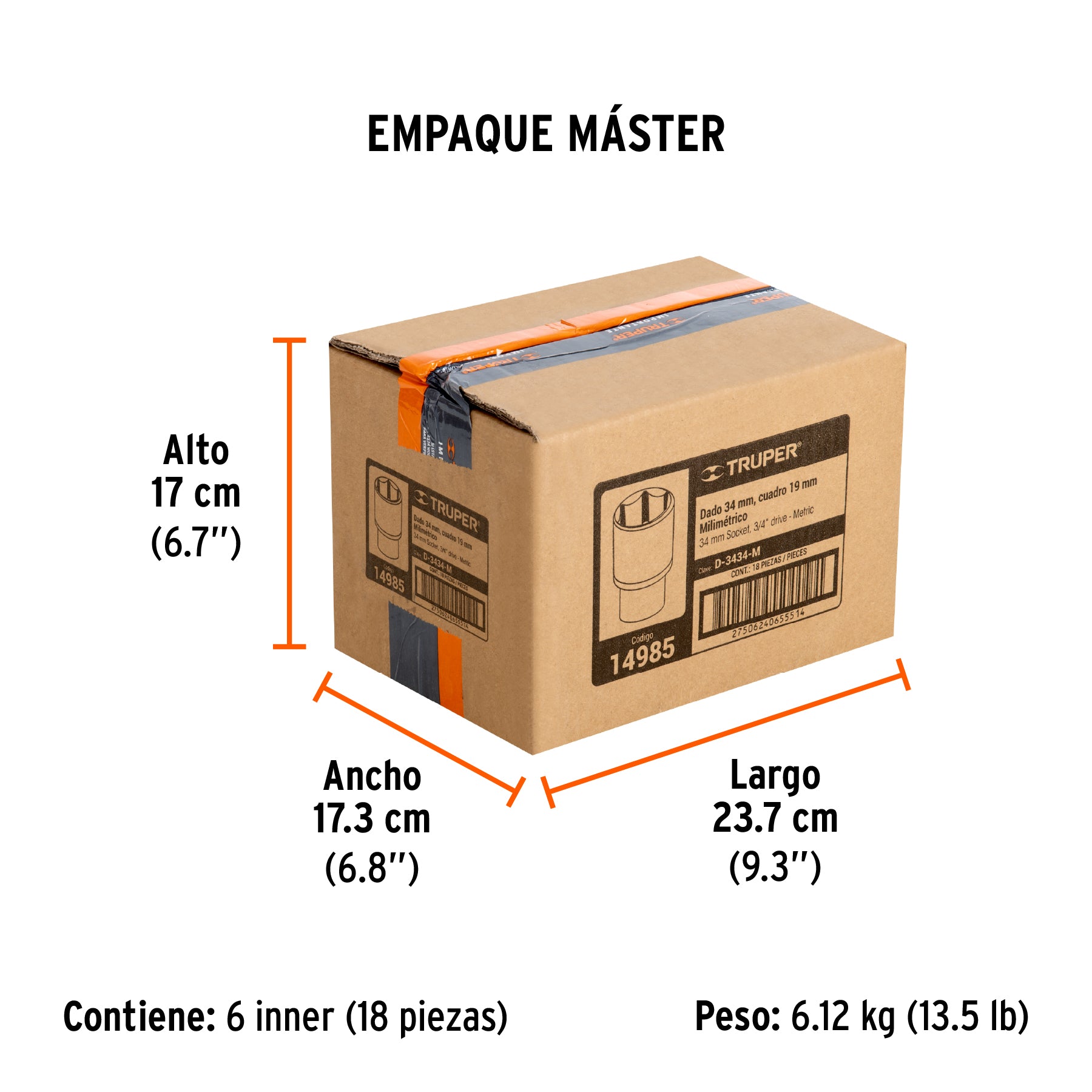 Dado de 6 puntas, cuadro 3/4" de 34mm