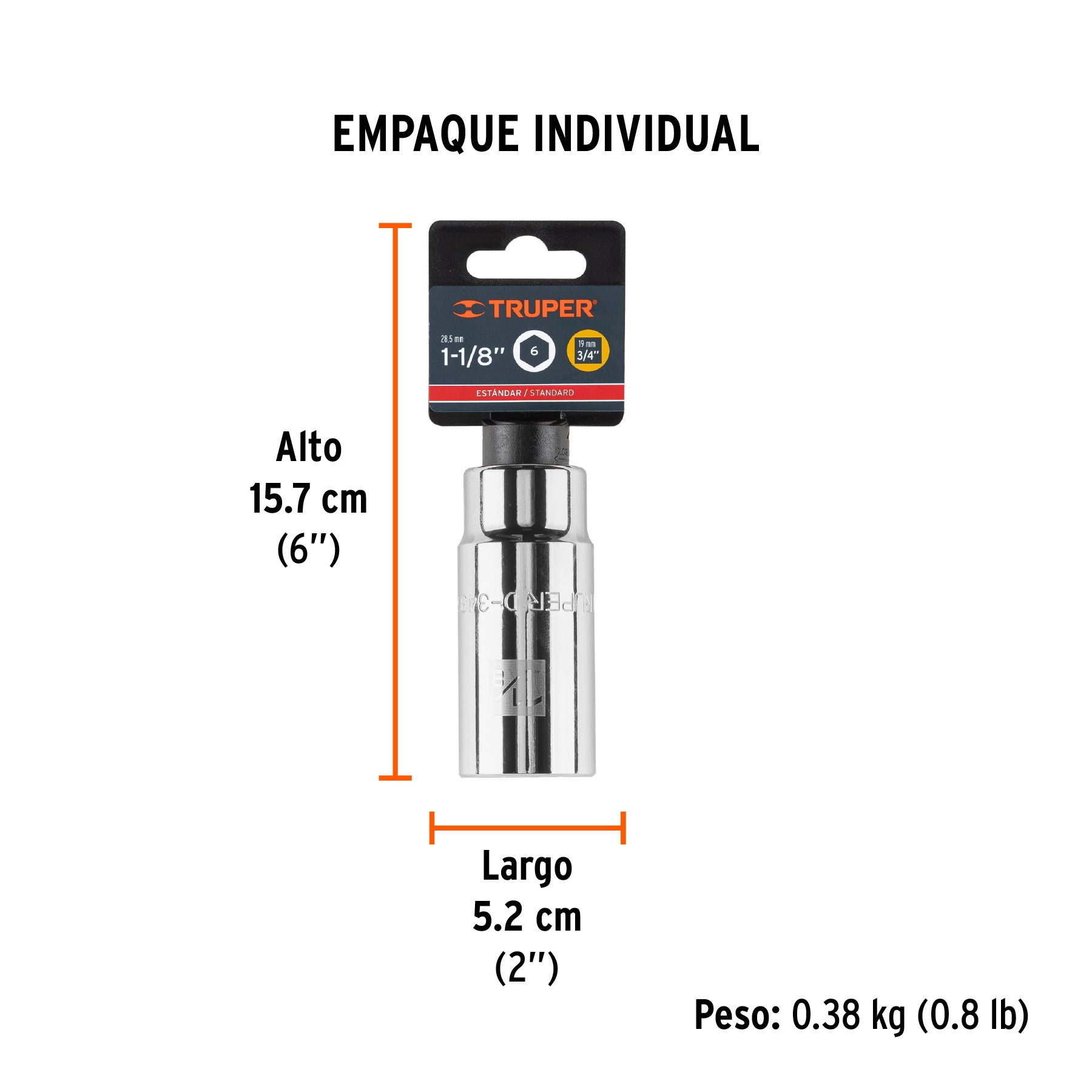 Dado de 6 puntas, largo, cuadro 3/4" de 1-1/8"