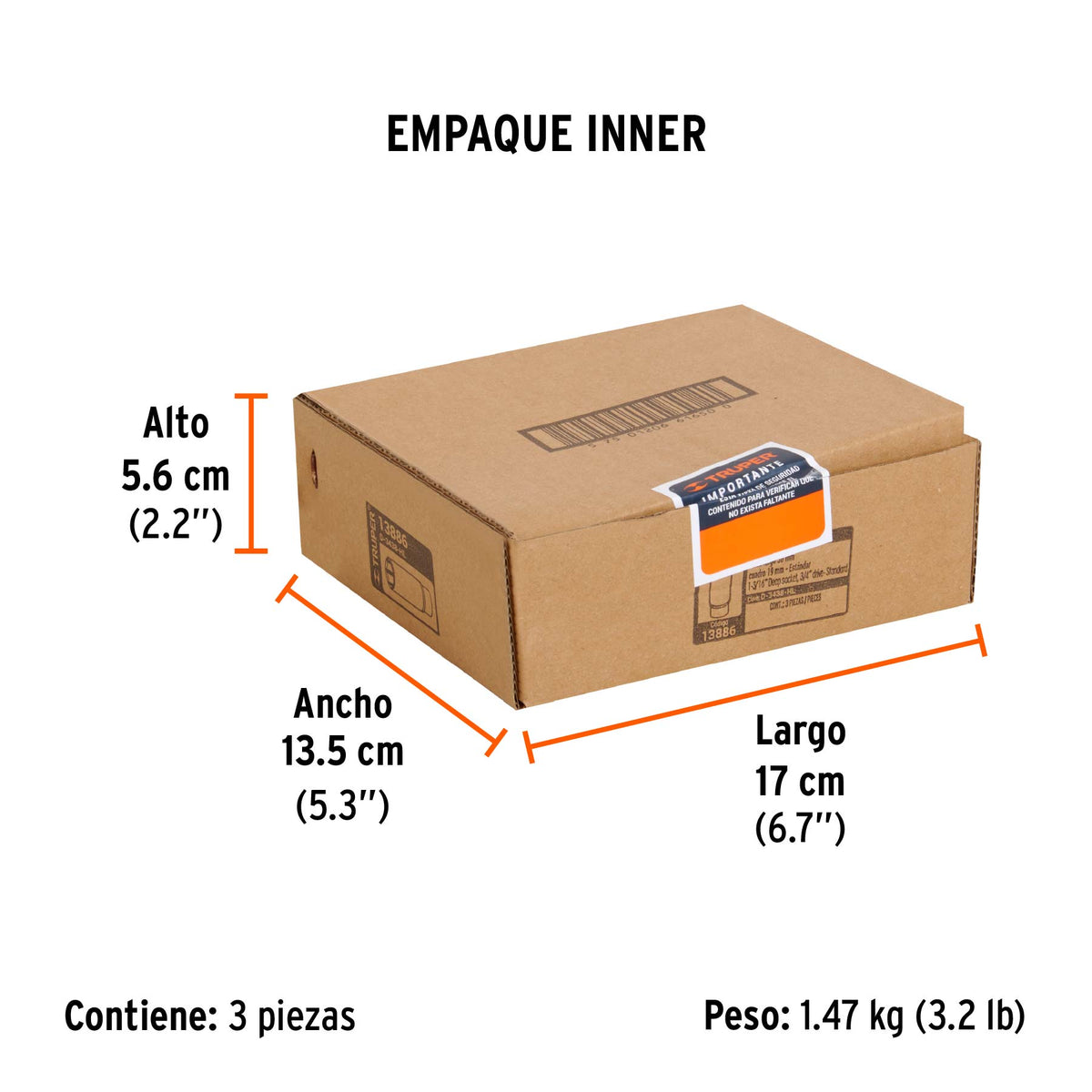 Dado de 6 puntas, largo, cuadro 3/4" de 1-3/16"