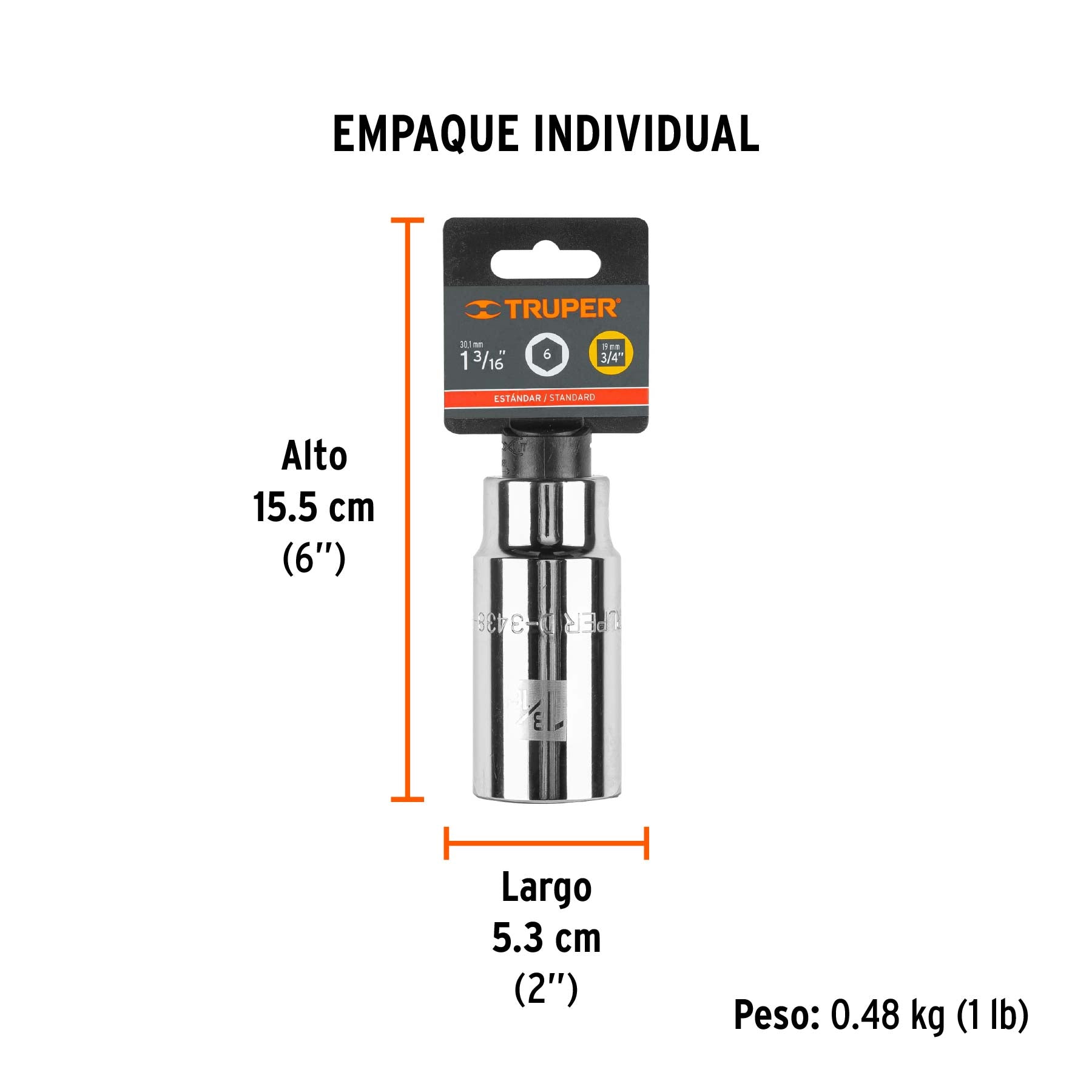 Dado de 6 puntas, largo, cuadro 3/4" de 1-3/16"