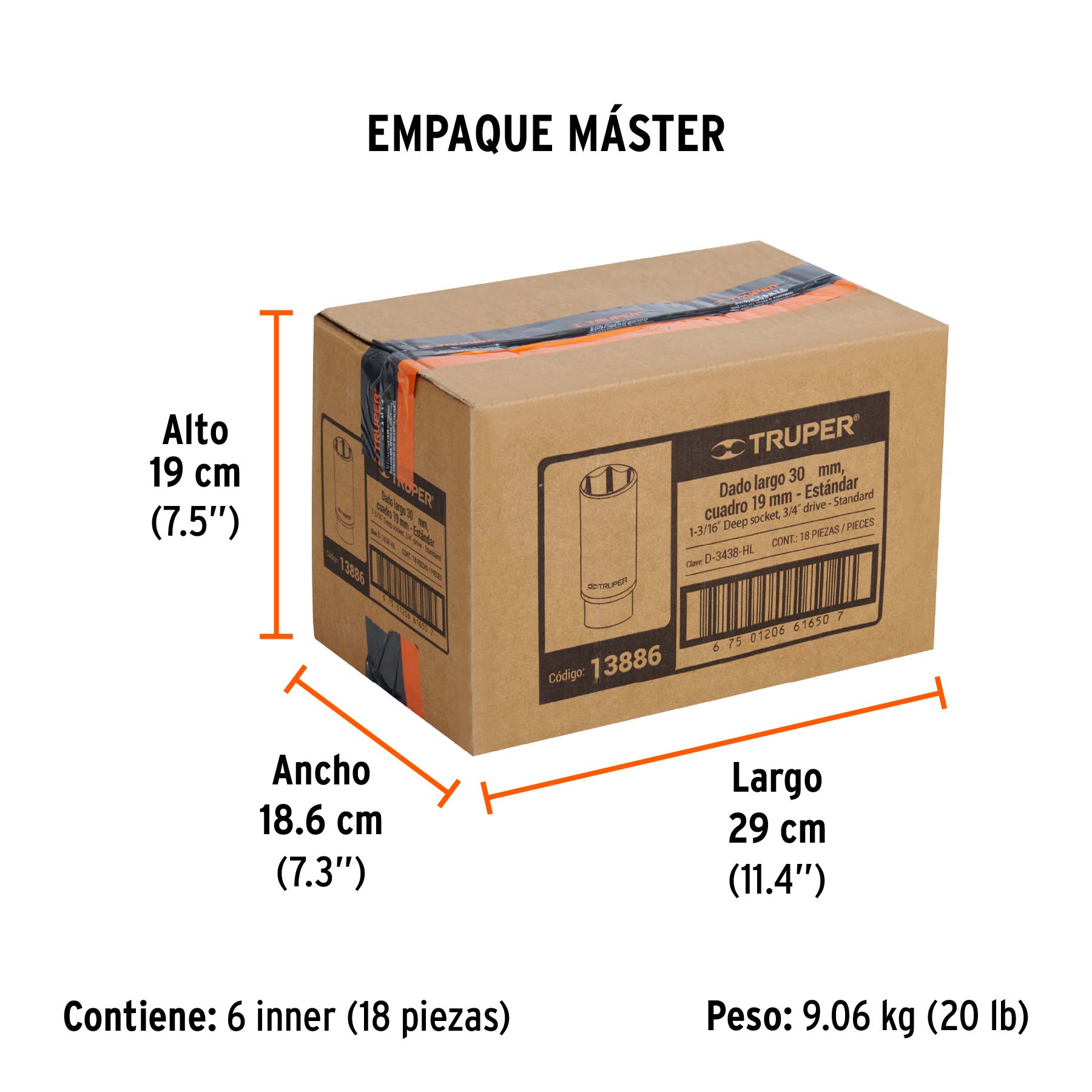 Dado de 6 puntas, largo, cuadro 3/4" de 1-3/16"