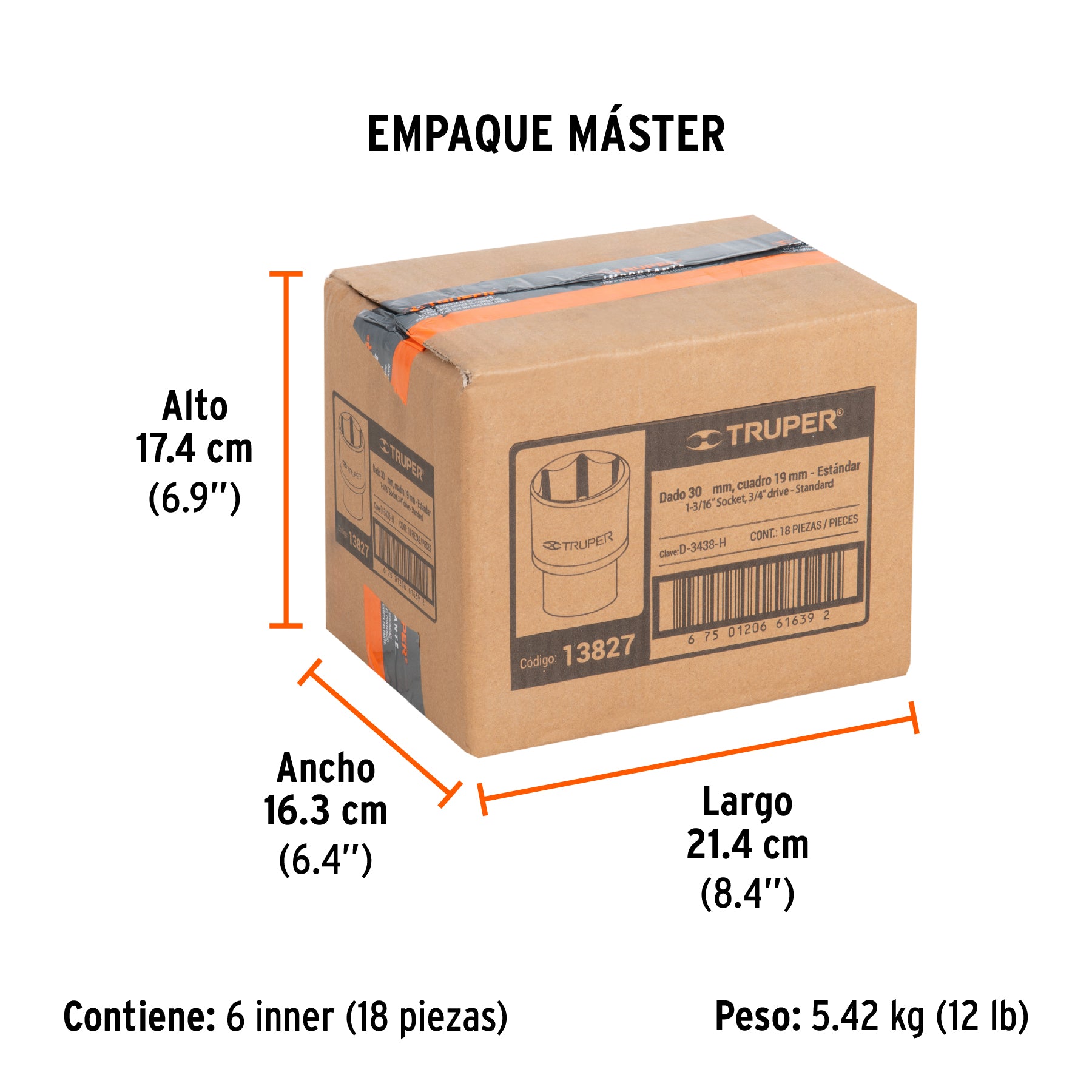 Dado de 6 puntas, cuadro 3/4" de 1-3/16"